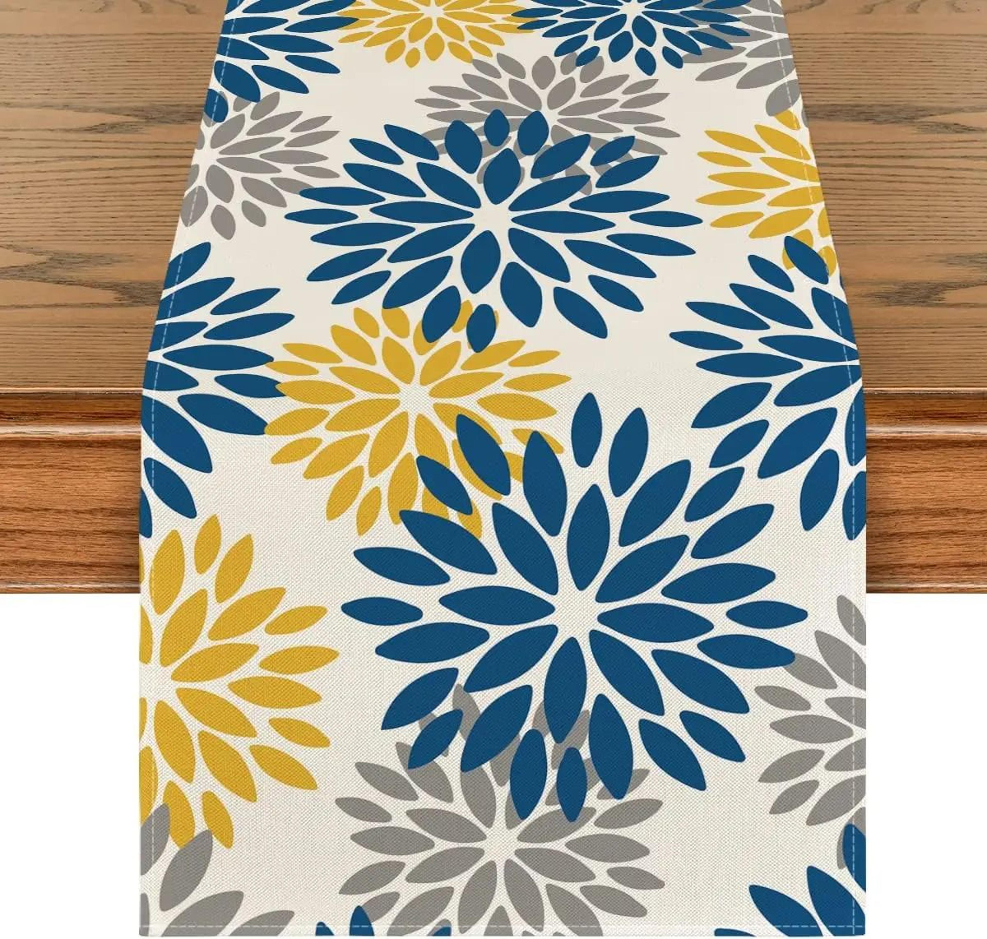 elegant blue dahlia linen table runner for seasonal dining & home decor