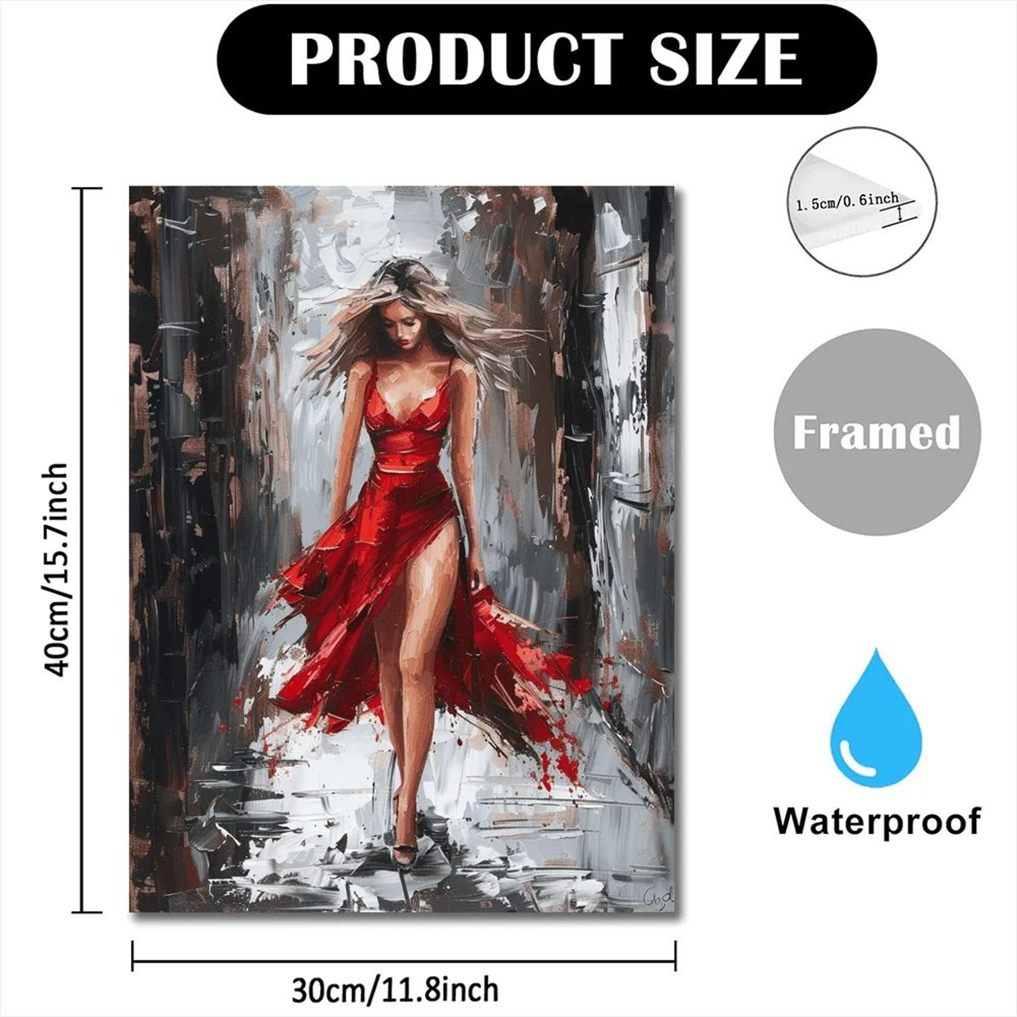 Crimson Elegance Woman In Red Dress Wall Art Framed Canvas Painting 1