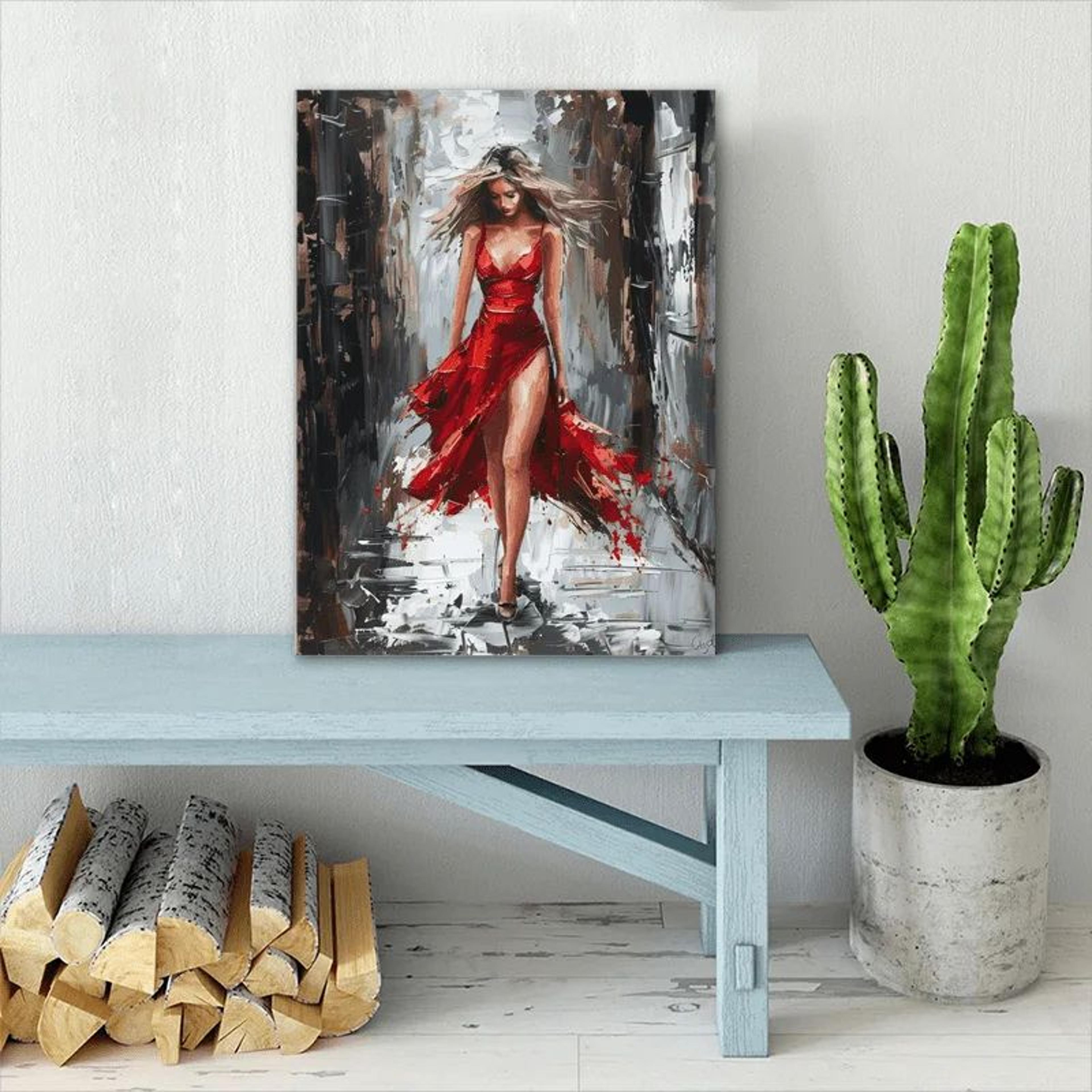 Crimson Elegance Woman In Red Dress Wall Art Framed Canvas Painting 2