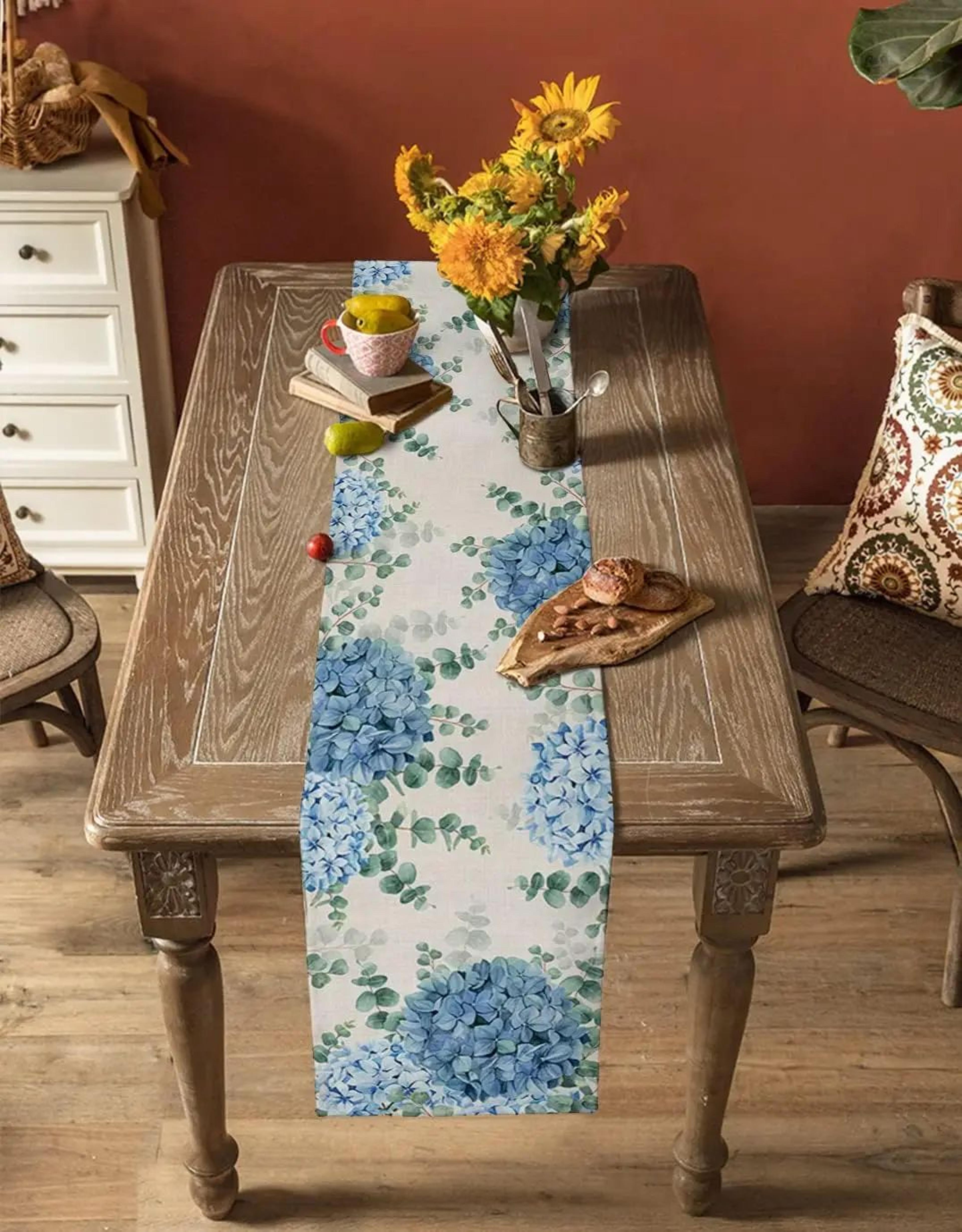 Blue Hydrangea Linen Table Runner  Elegant Floral Table Runner For Farmhouse Table Decor  Dining Sp 1