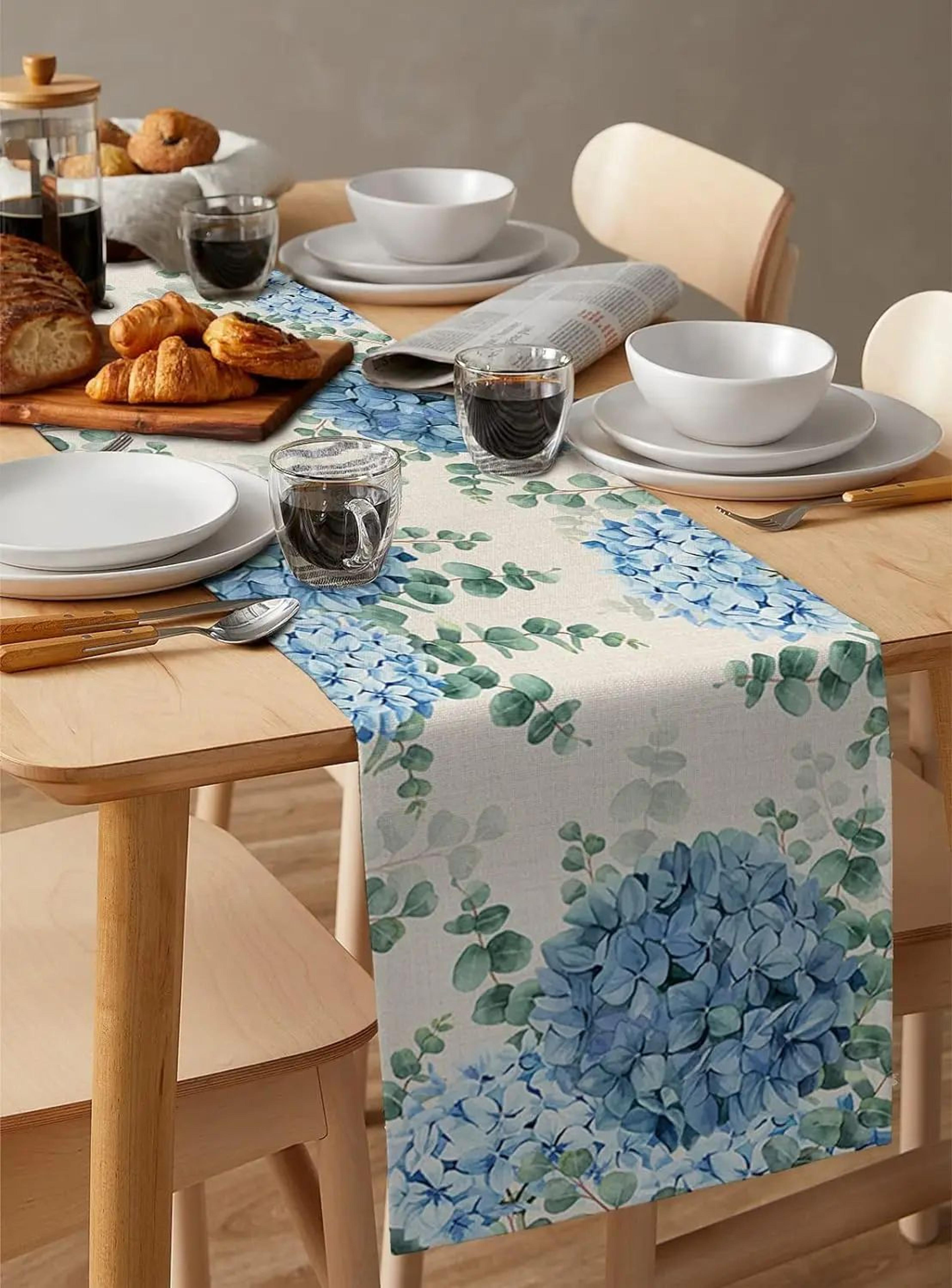 Blue Hydrangea Linen Table Runner  Elegant Floral Table Runner For Farmhouse Table Decor  Dining Sp 2
