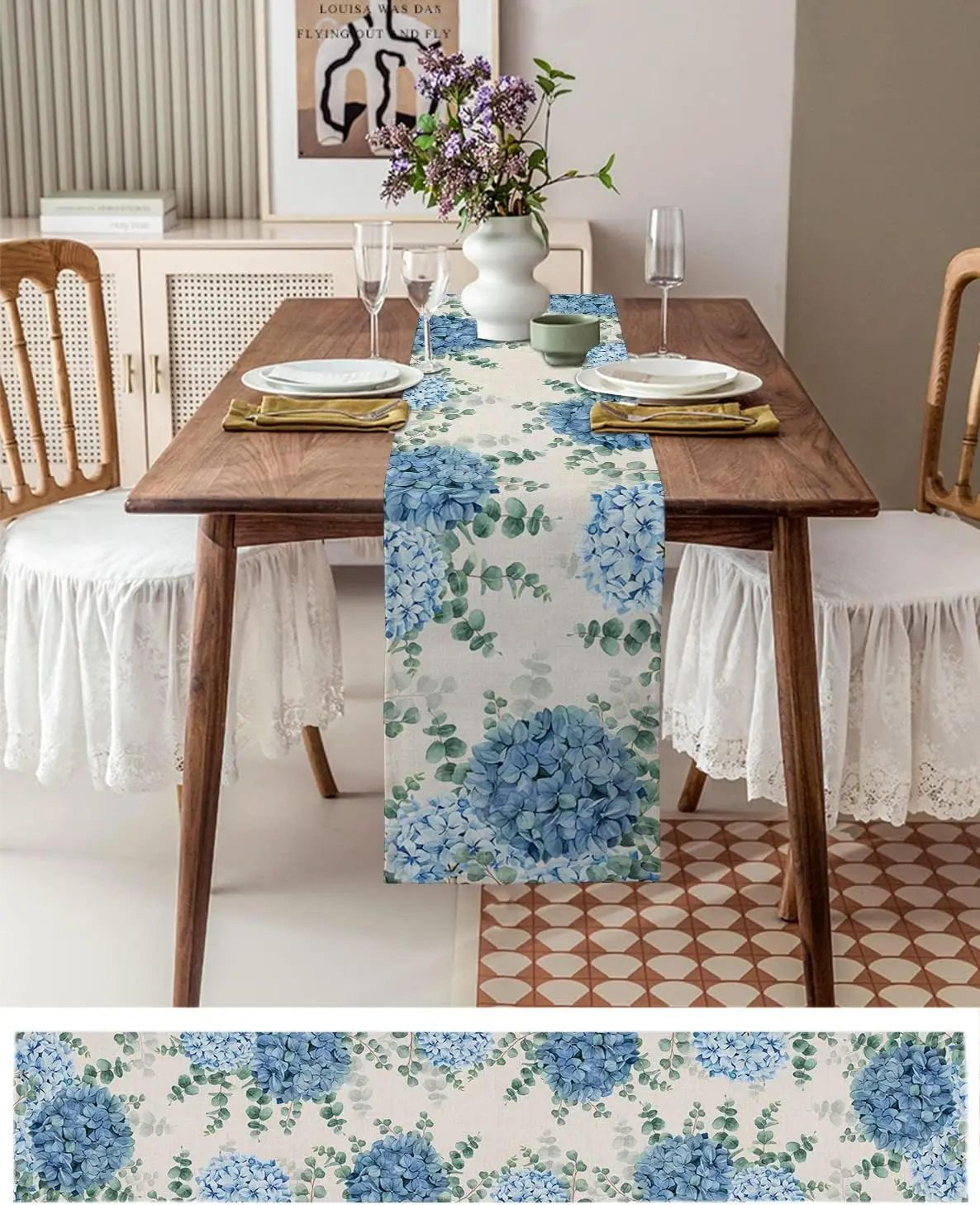 Blue Hydrangea Linen Table Runner  Elegant Floral Table Runner For Farmhouse Table Decor  Dining Sp 4