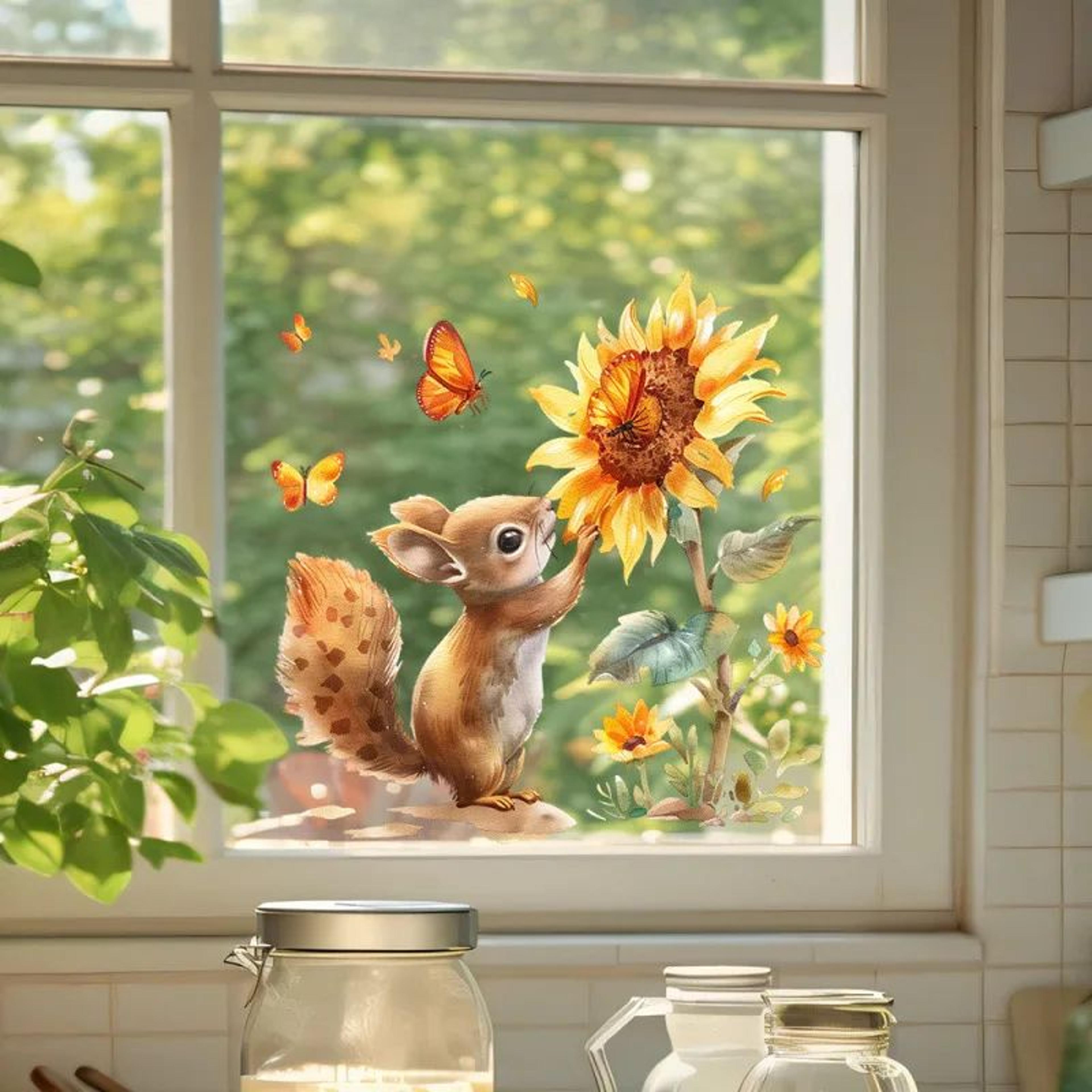 rustic watercolor squirrel & sunflower animal wall decal for windows and home decor