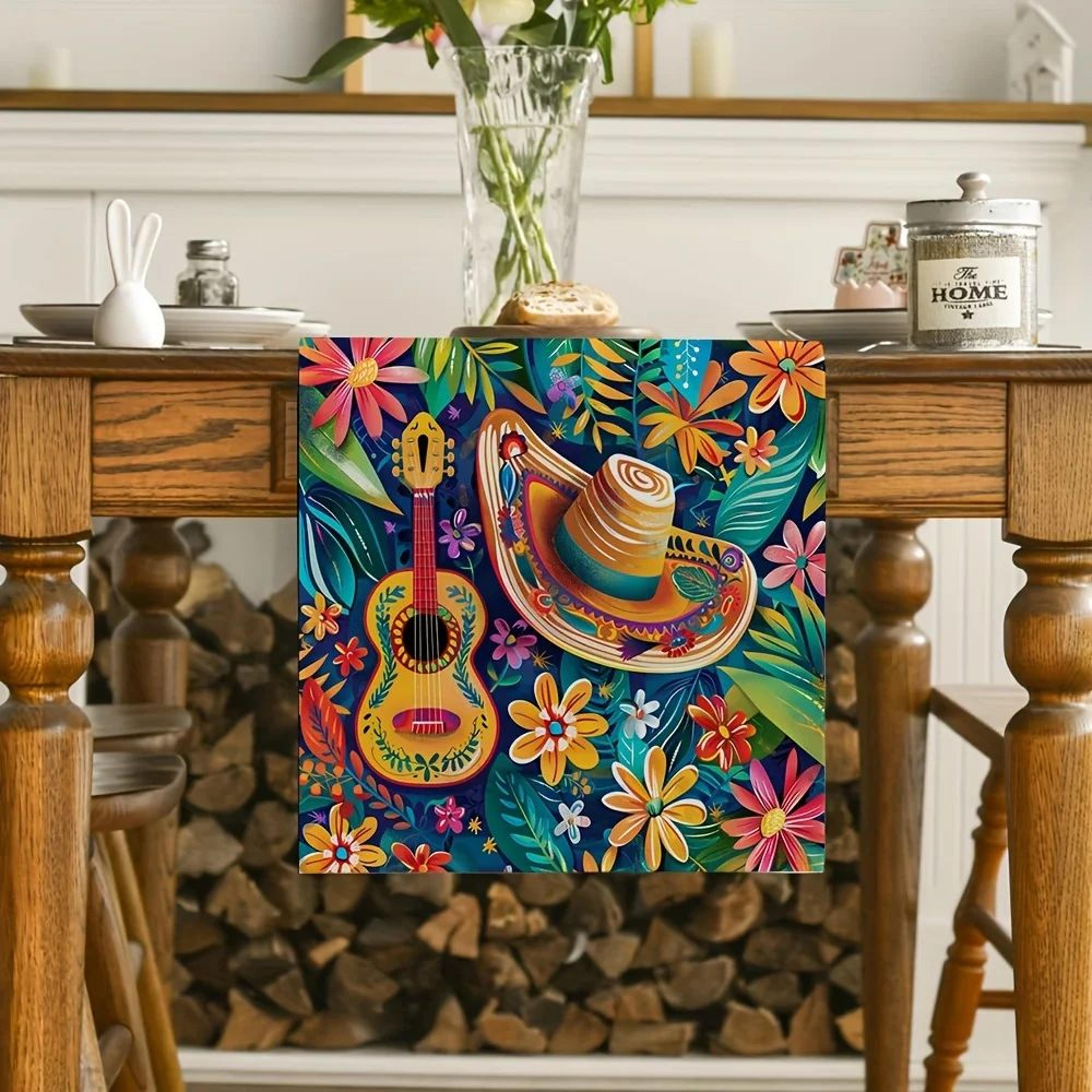 Fiesta Bloom Mexican Table Runner  Colorful Day Of The Dead Table Runner In Linen Look 1
