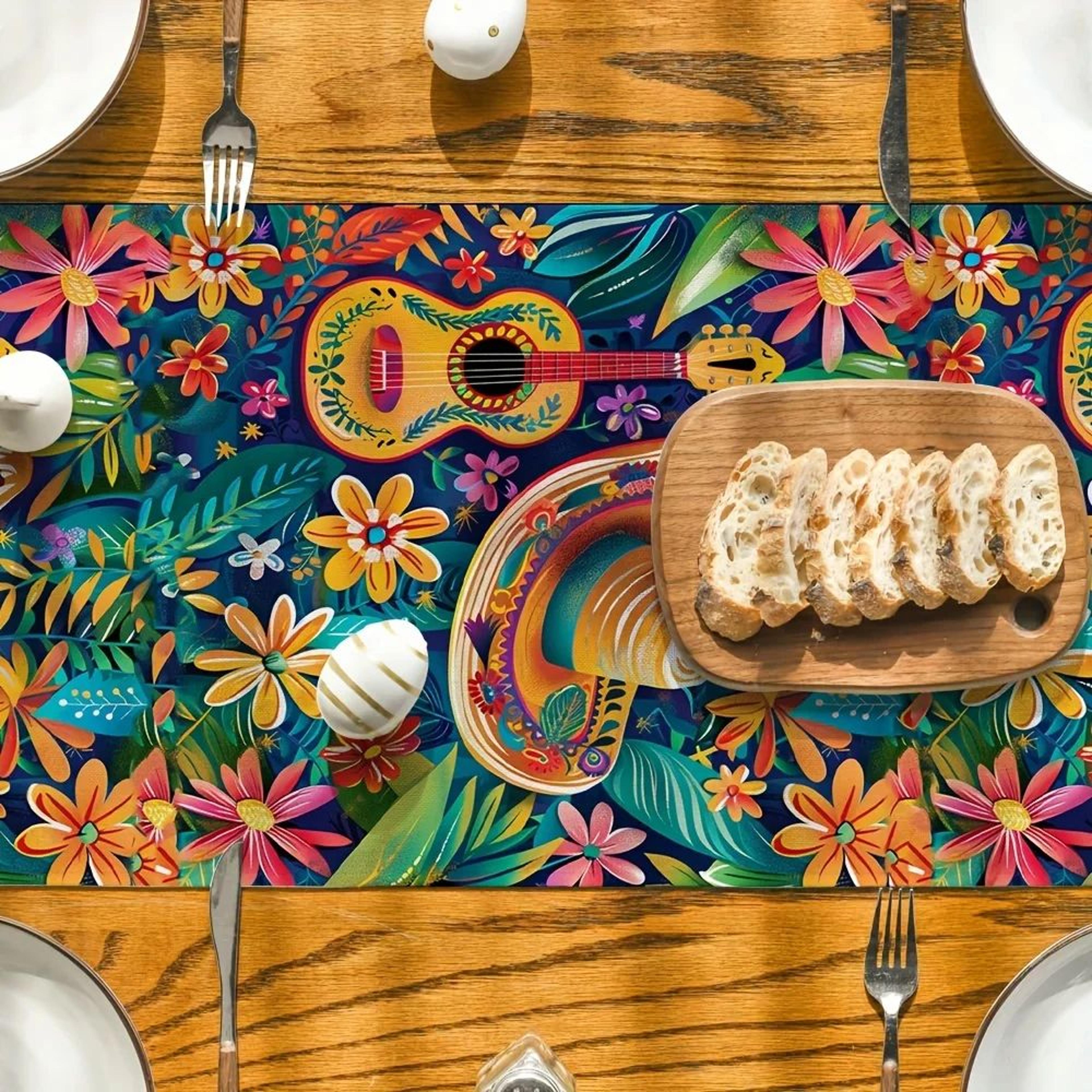 Fiesta Bloom Mexican Table Runner  Colorful Day Of The Dead Table Runner In Linen Look 3