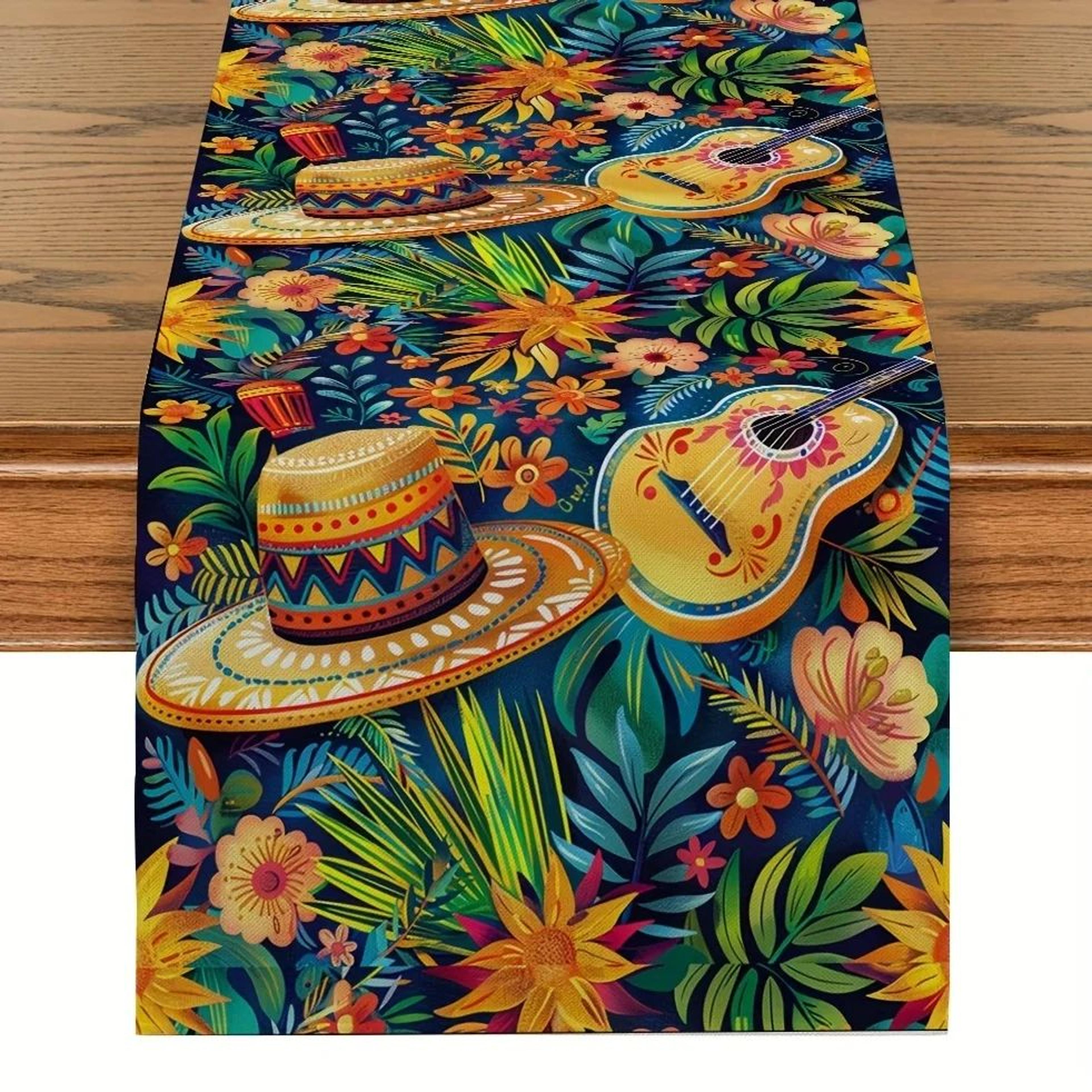 Fiesta Bloom Mexican Table Runner  Colorful Day Of The Dead Table Runner In Linen Look 7