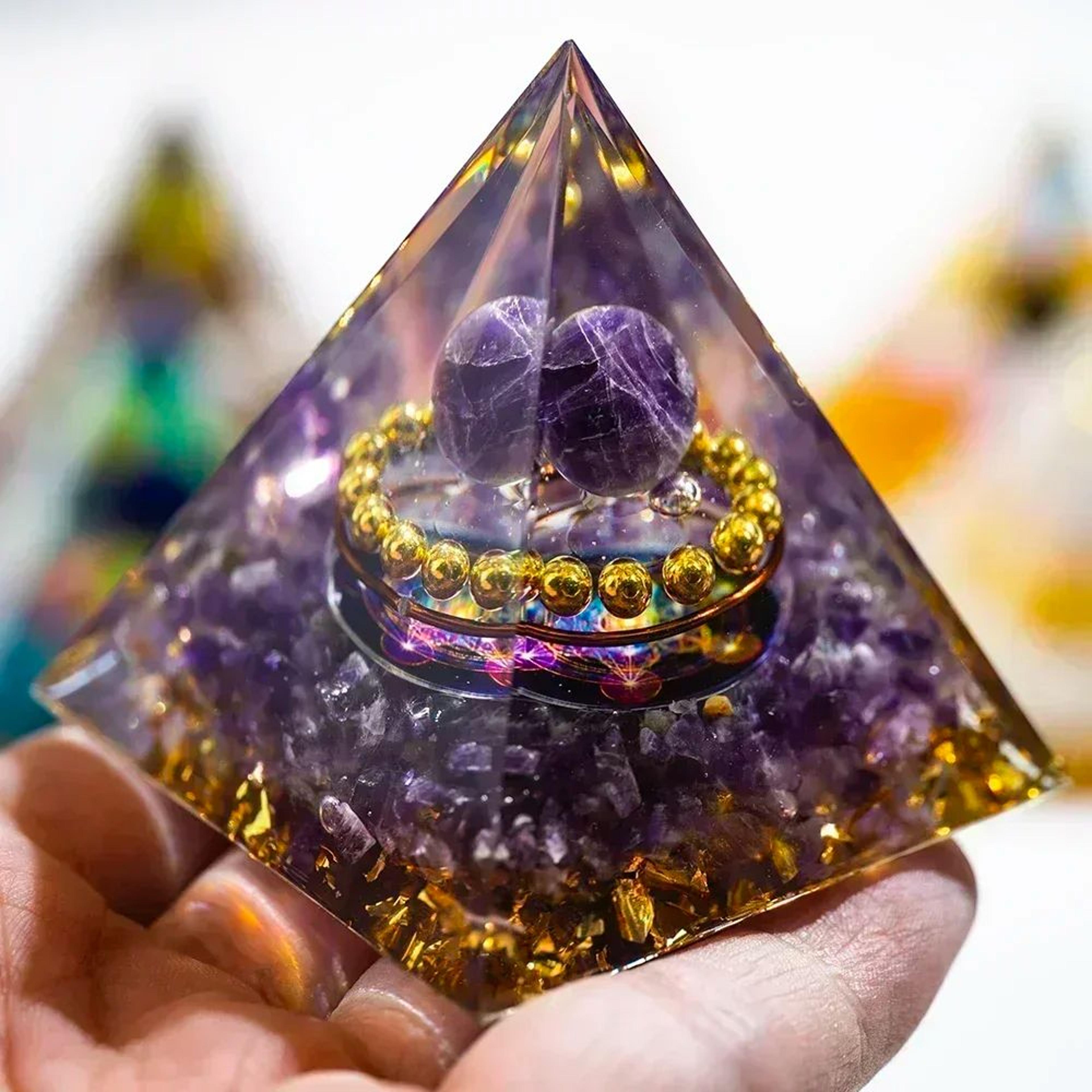 peridot & amethyst crystal pyramid energy generator for meditation and decor