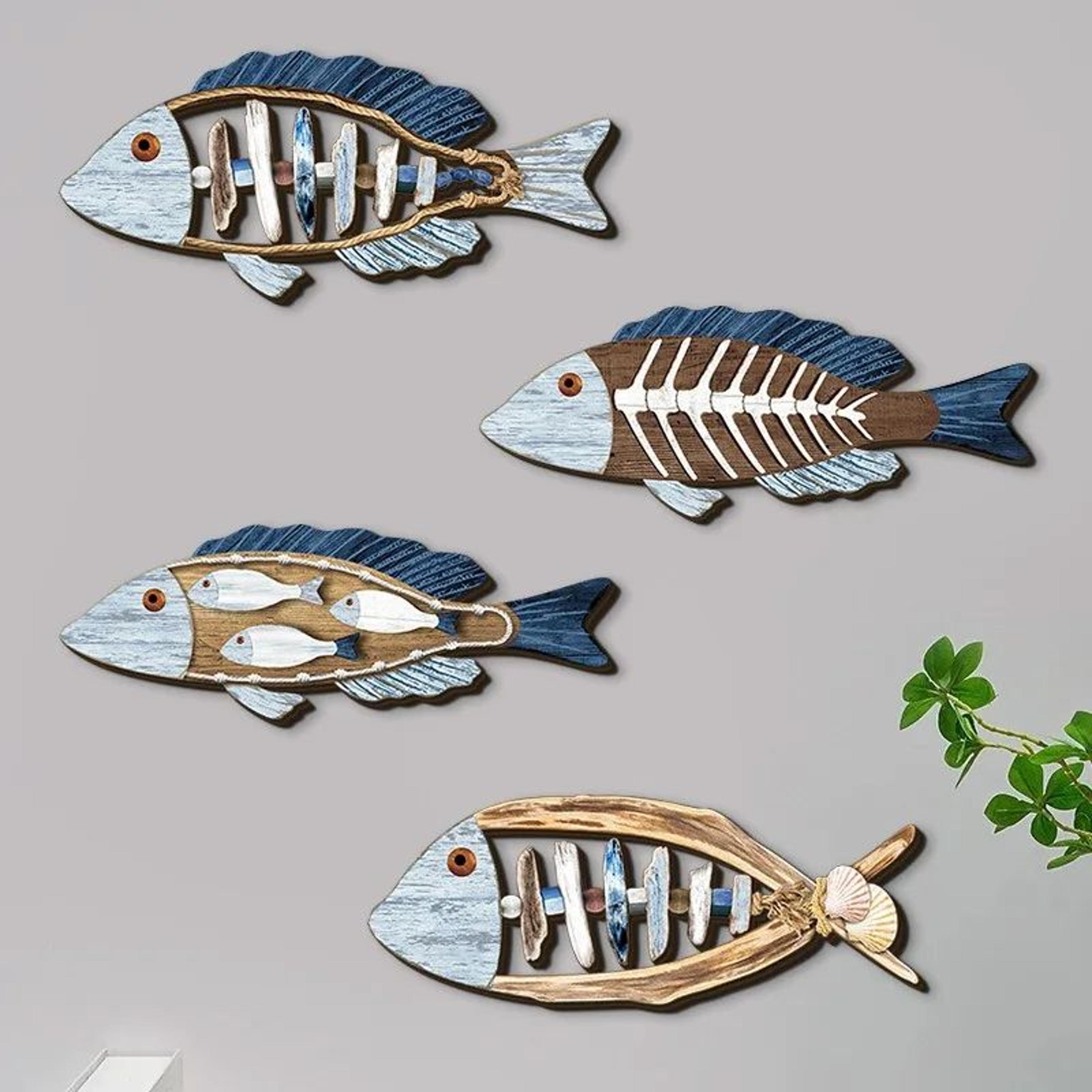 hand-carved wooden fish wall decor set – coastal ocean wall art nautical hanging sculpture