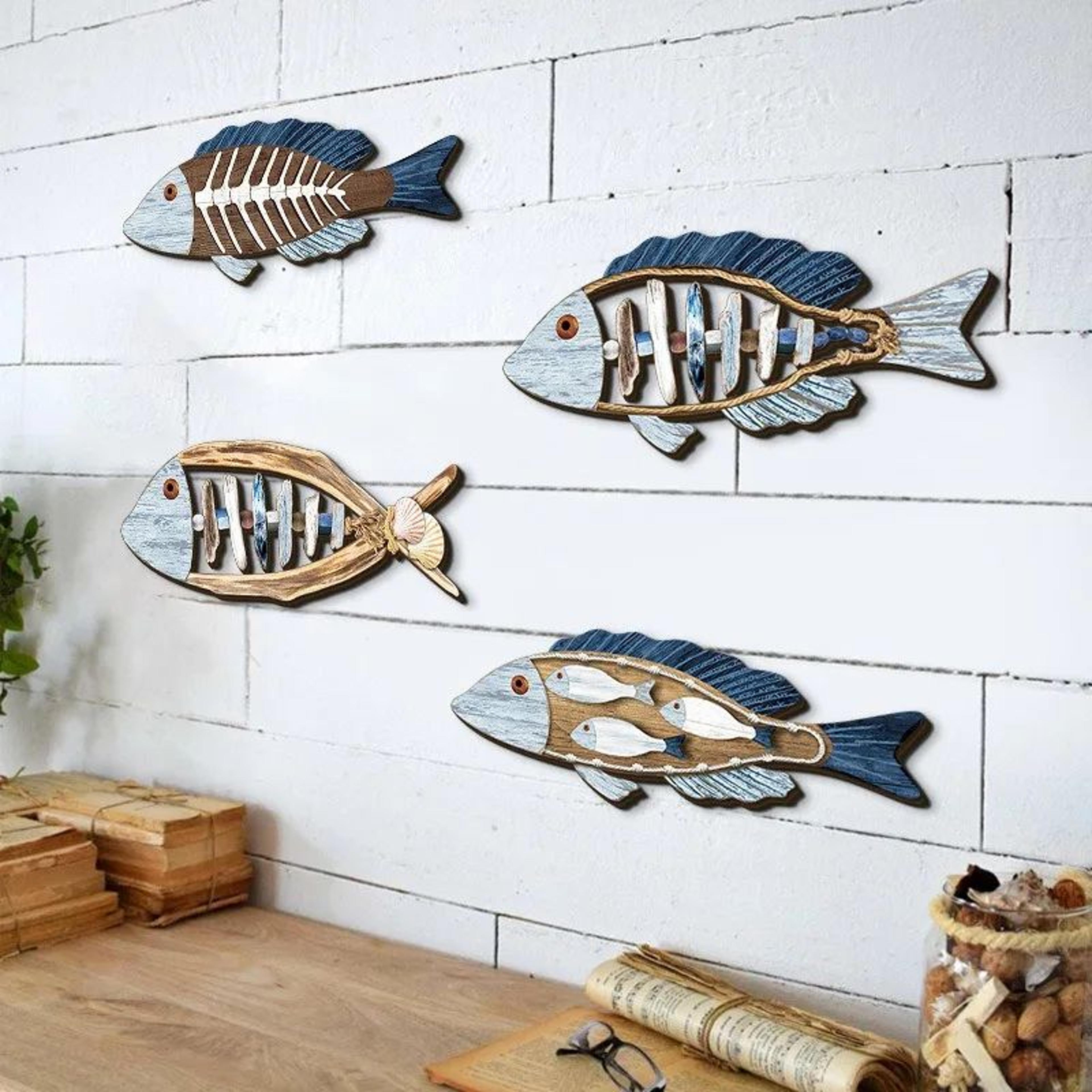 HandCarved Wooden Fish Wall Decor Set  Coastal Ocean Wall Art Nautical Hanging Sculpture 2