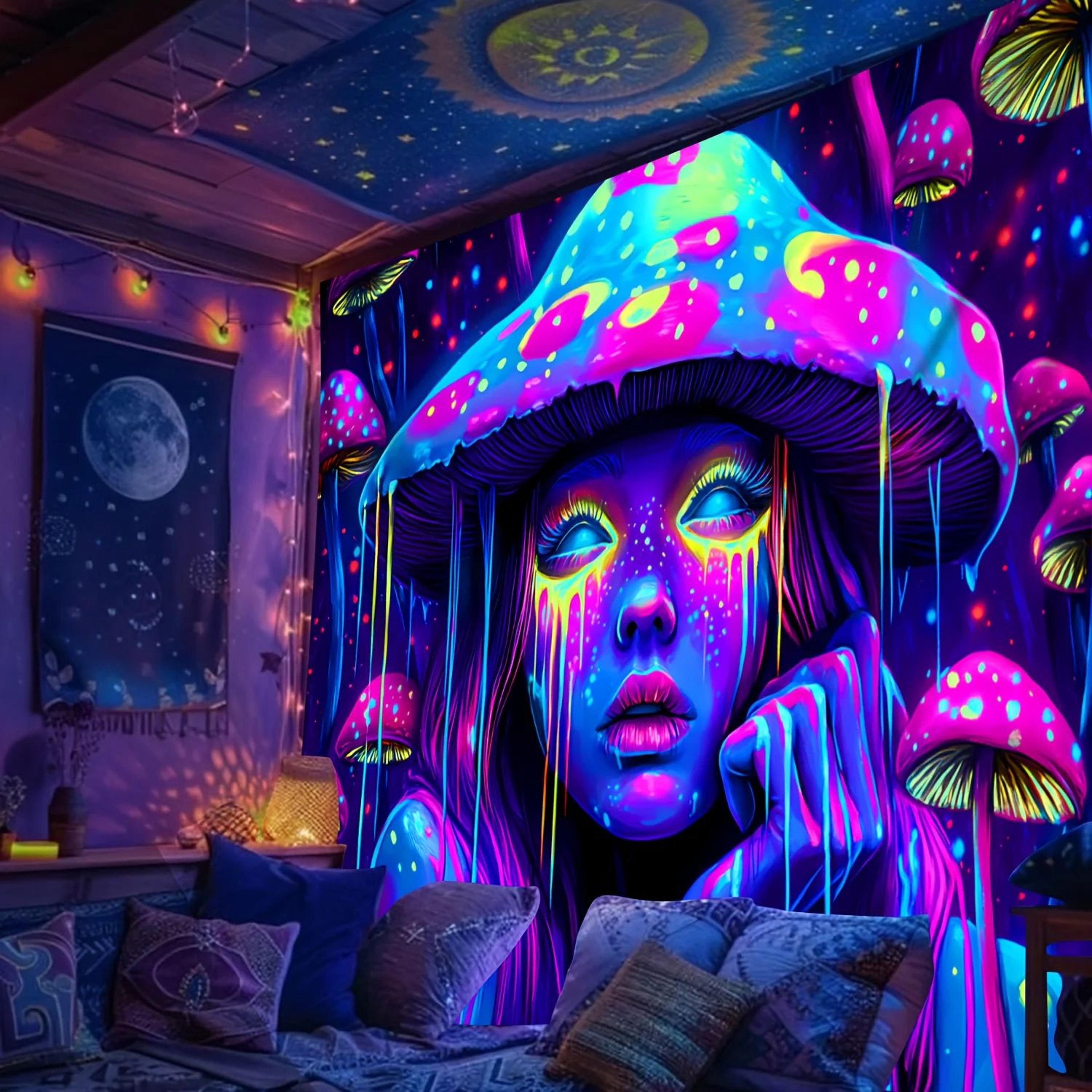 Mystic Mushroom Girl Blacklight Reactive Tapestry Wall Hanging For Bedroom Dorm And Gaming Room 1
