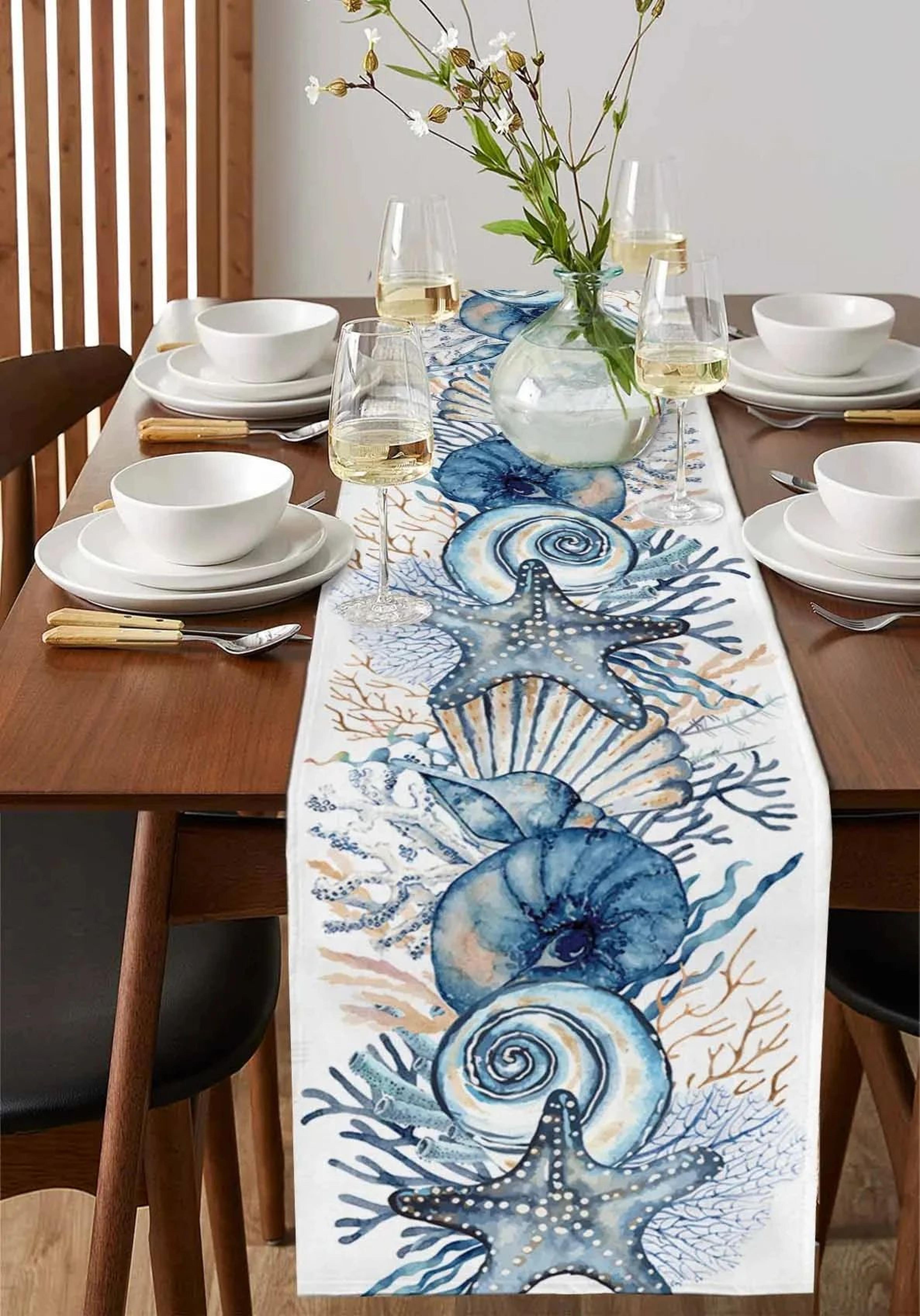 Coastal Linen Table Runner With Coral  Conch Design  Summer Beach Dining Decor 3
