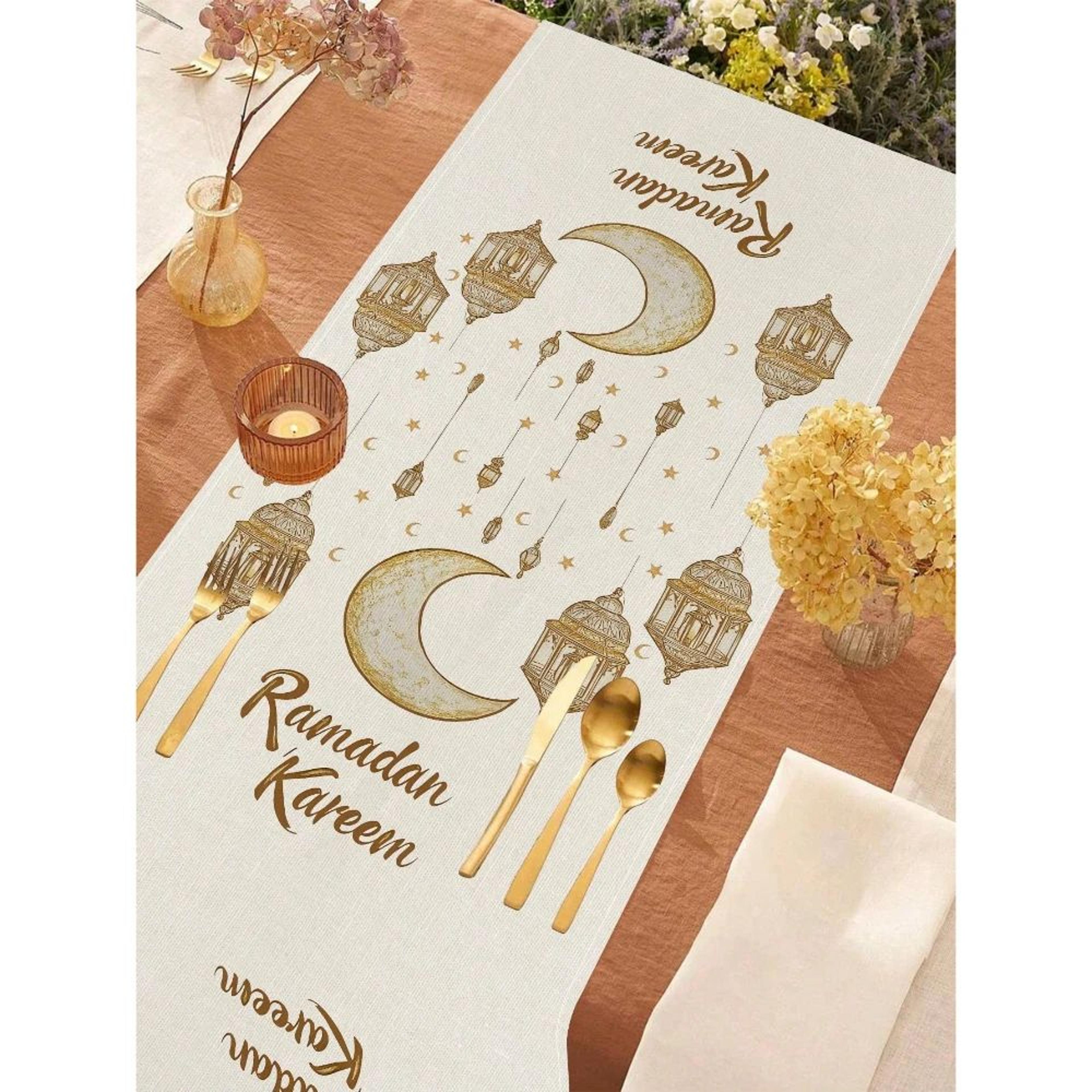 Elegant Ramadan Table Runner With Moon  Lantern Design  Premium Linen Eid Table Decor 3