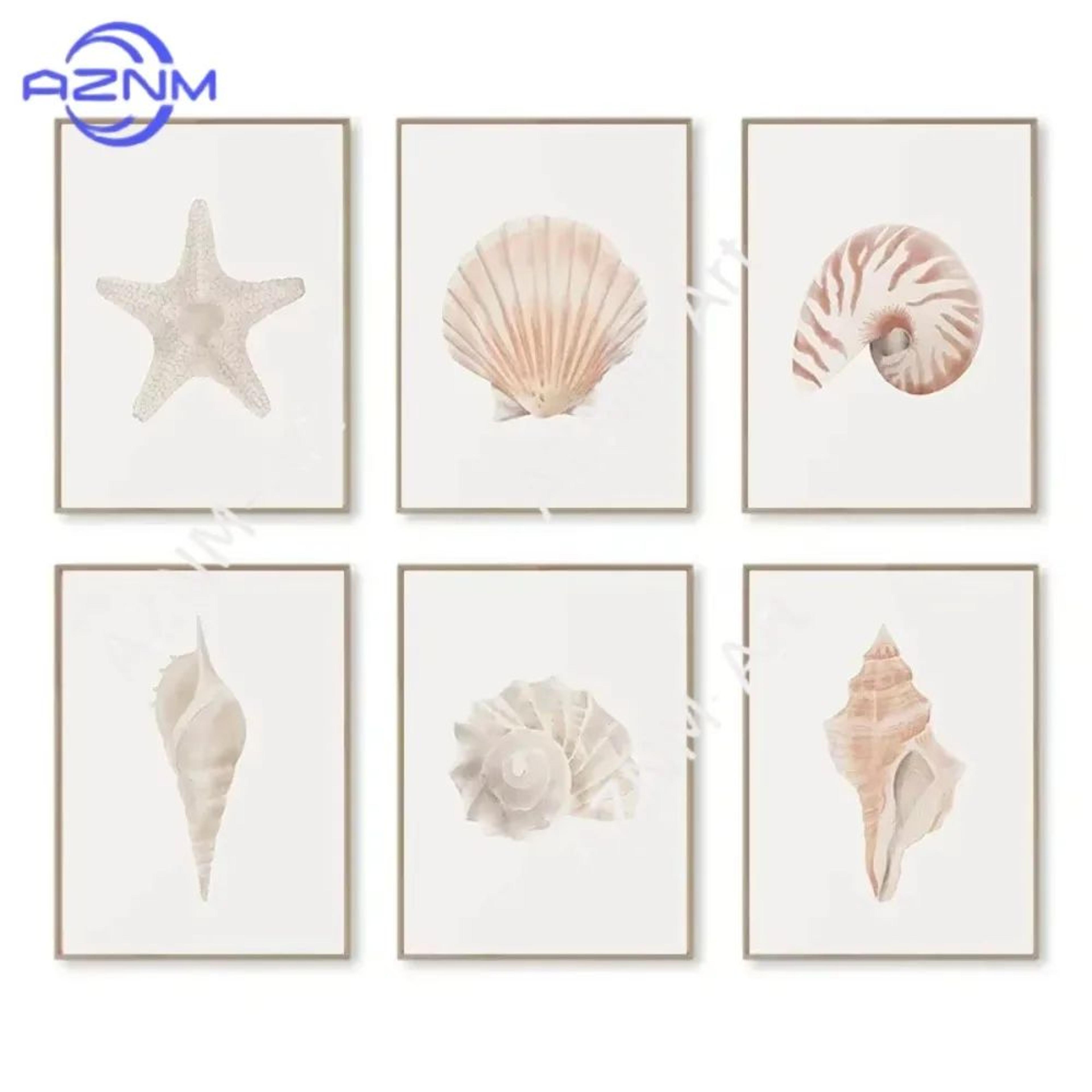 ocean breeze coastal wall art set – watercolor seashell & starfish prints