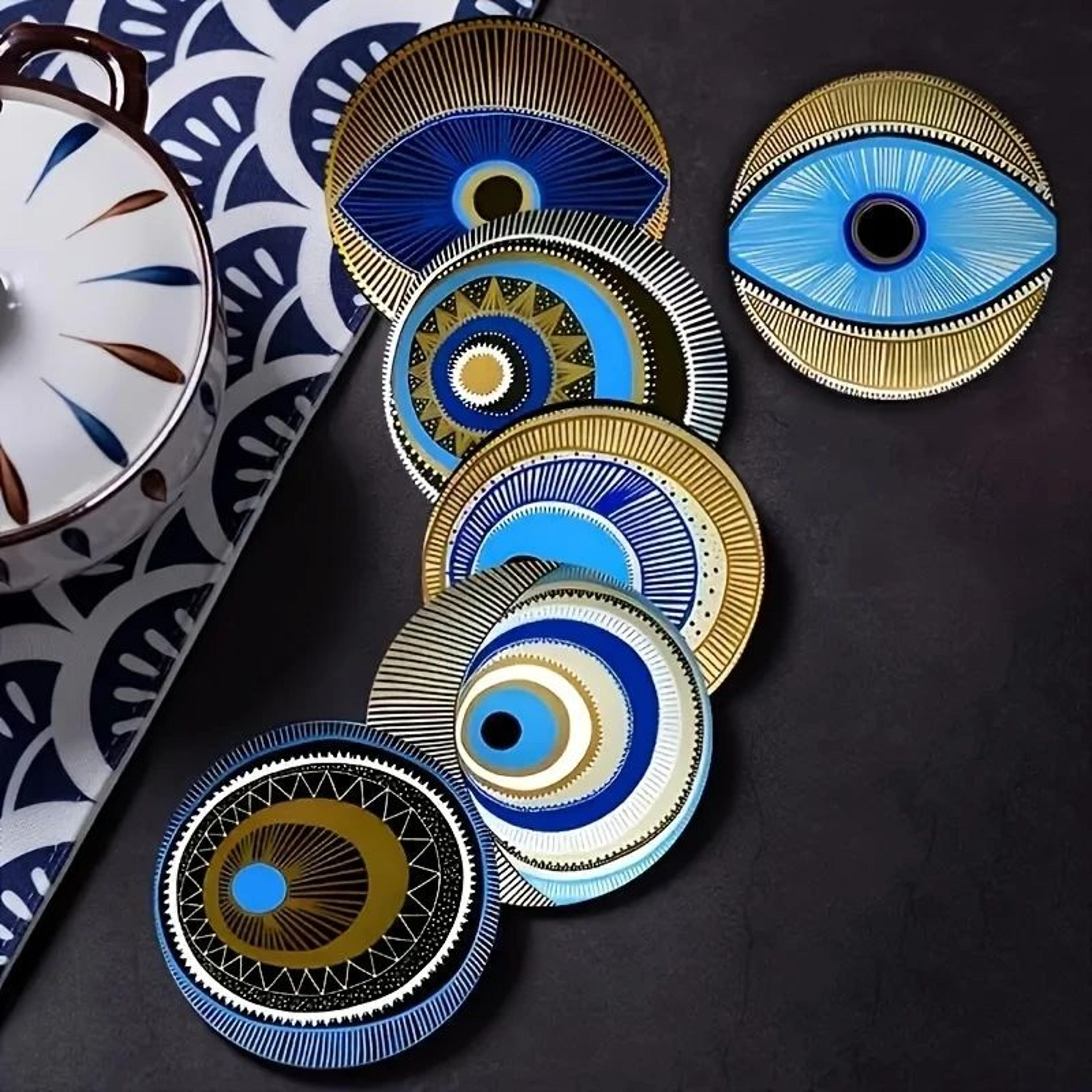 evil eye wooden coasters set of 6, 4-inch decorative drink coasters for home decor