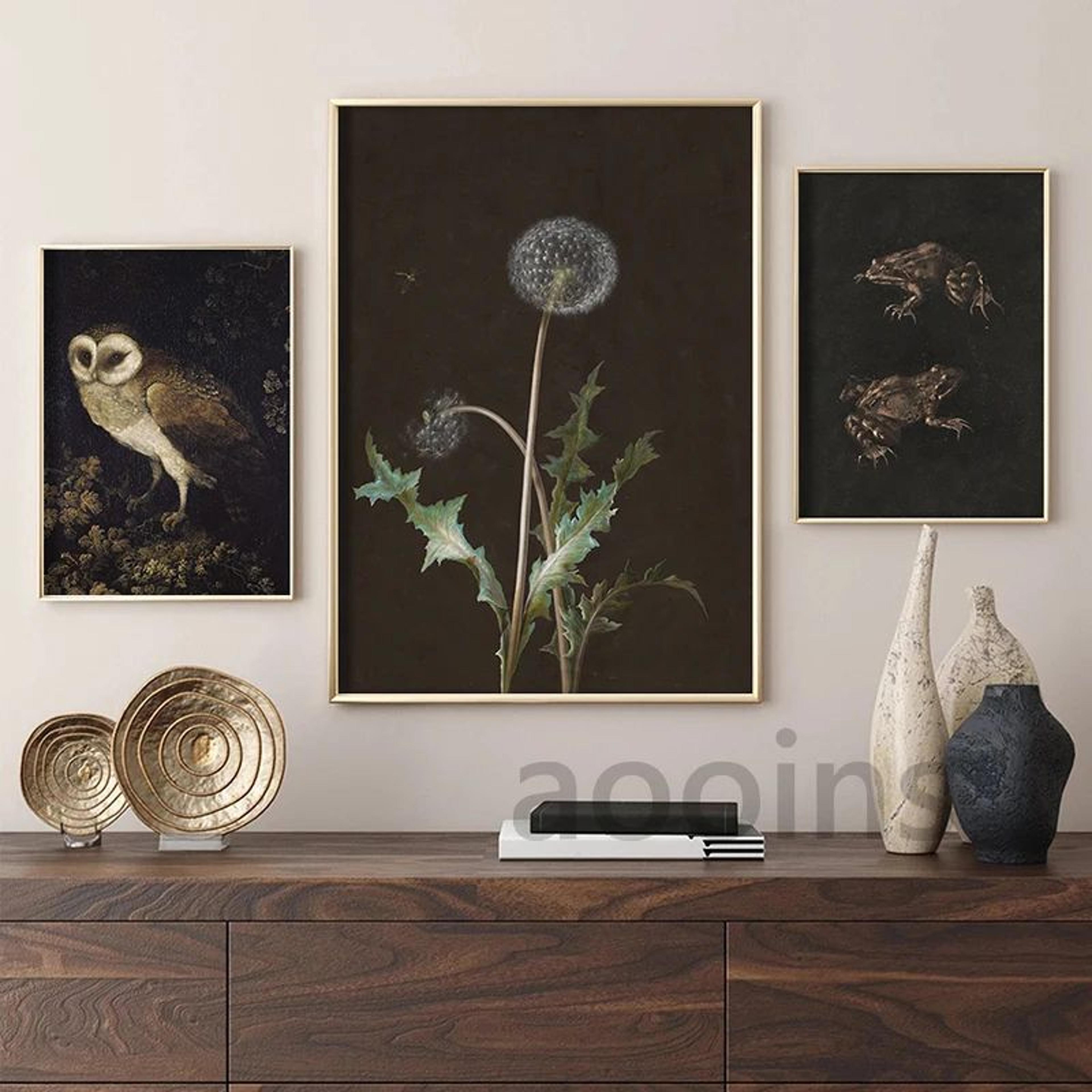 vintage owl canvas print – dark academia cottagecore wall art with butterflies