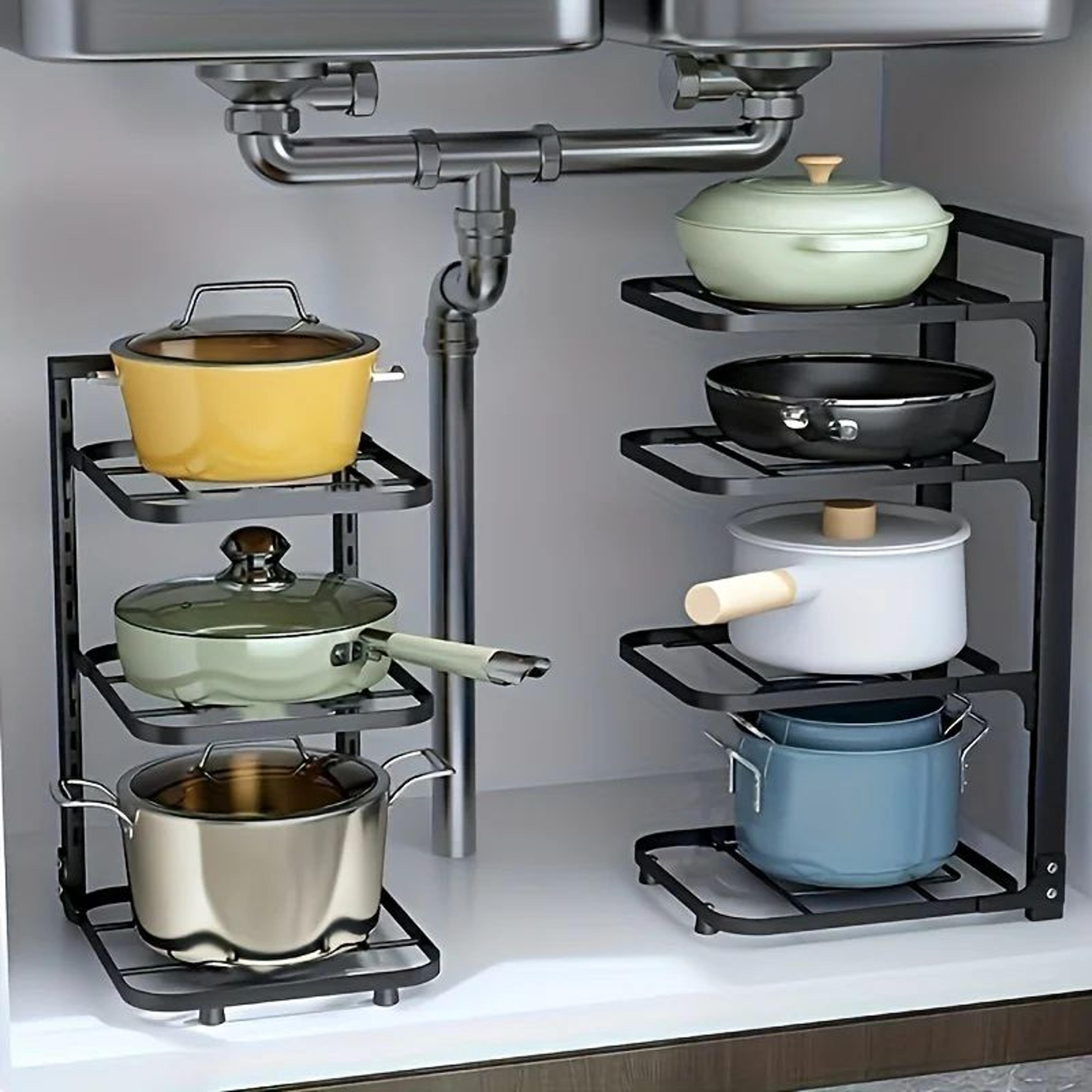Adjustable Pot Rack Organizer For Kitchen Cabinets  MultiTier Pan Organizer Rack With Durable Stain 1