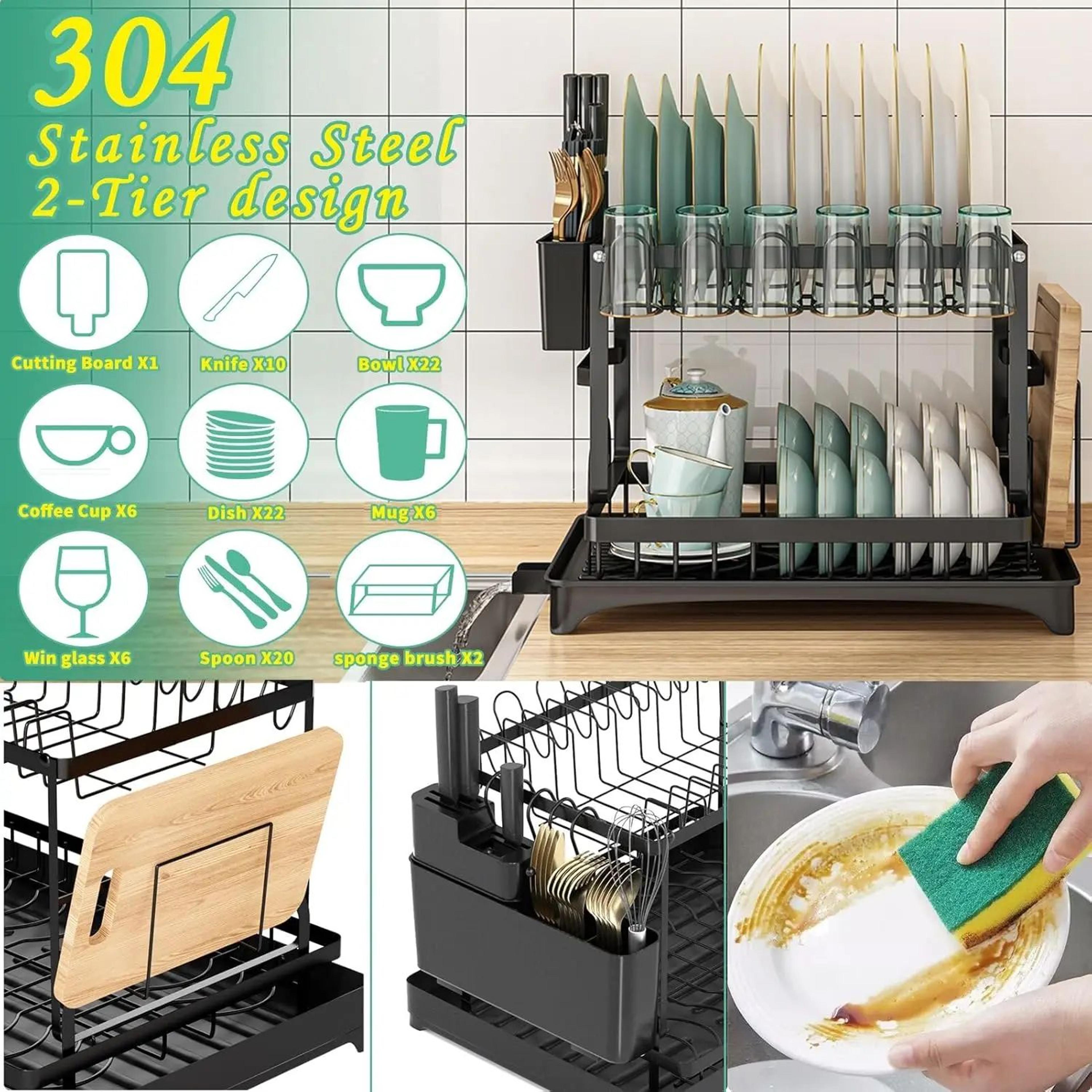 SpaceSaving 2Tier Dish Drying Rack With Drip Tray Organizer 4