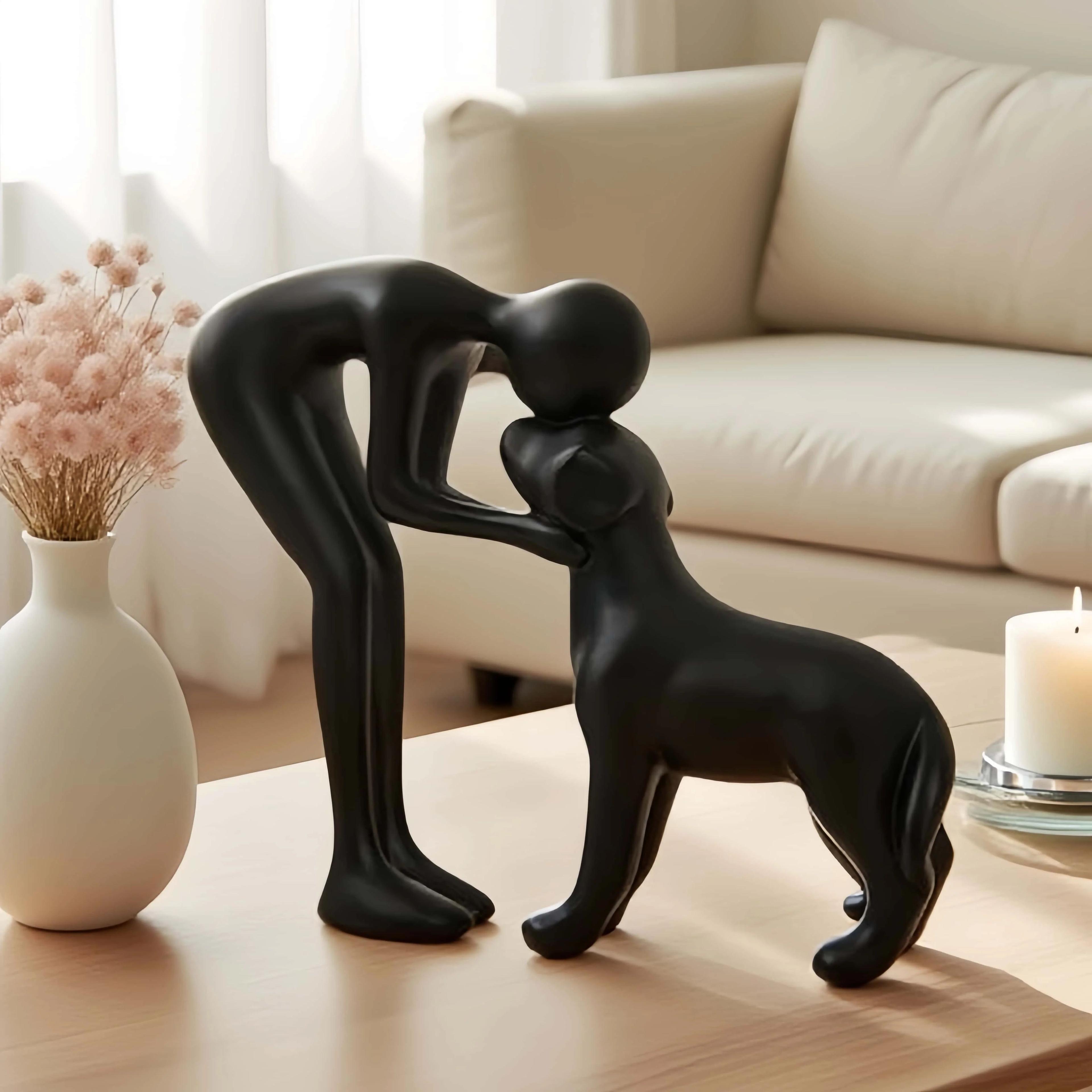 elegant black dog & owner bond statue – minimalist pet lover gift decor