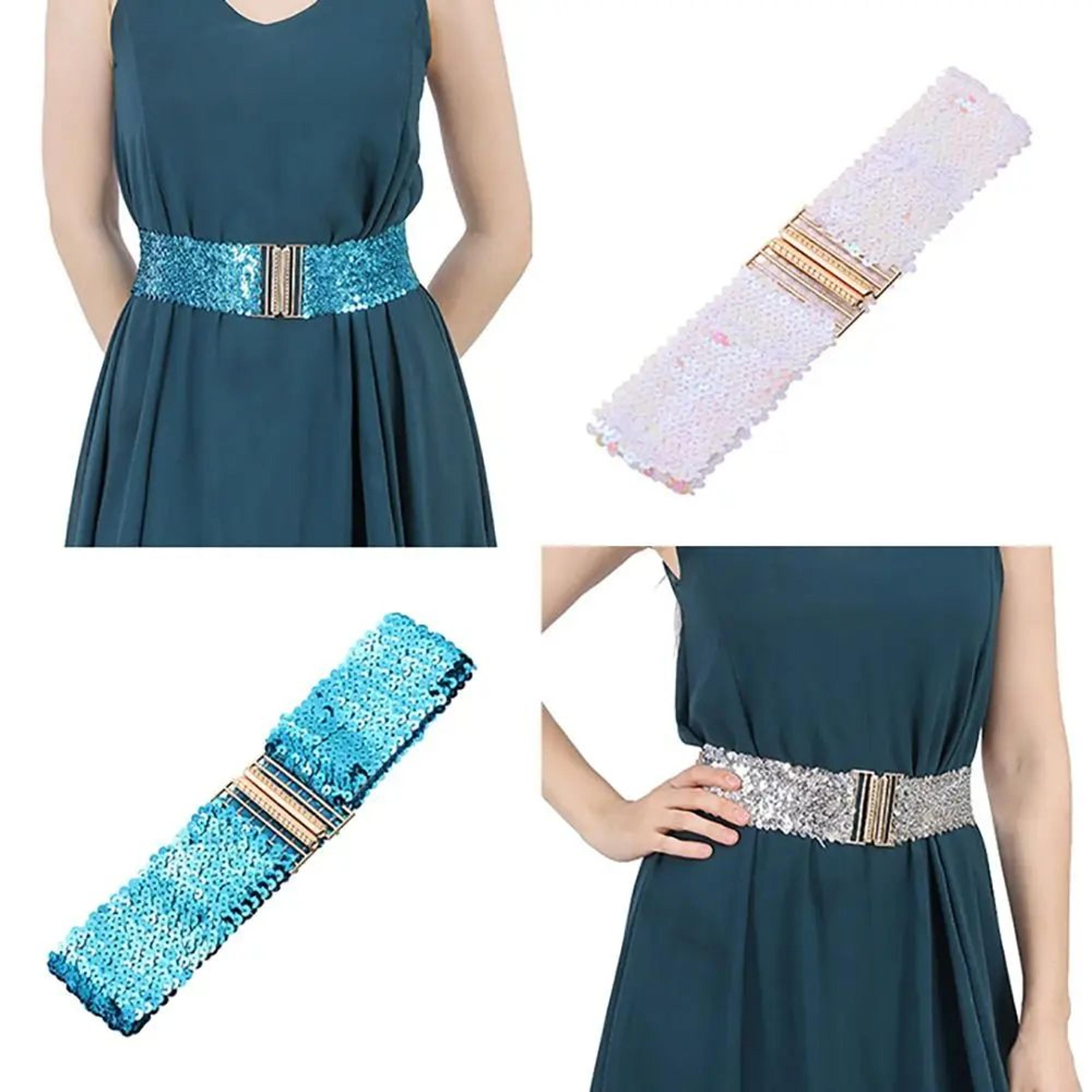 gold buckle sequin stretch waist belt
