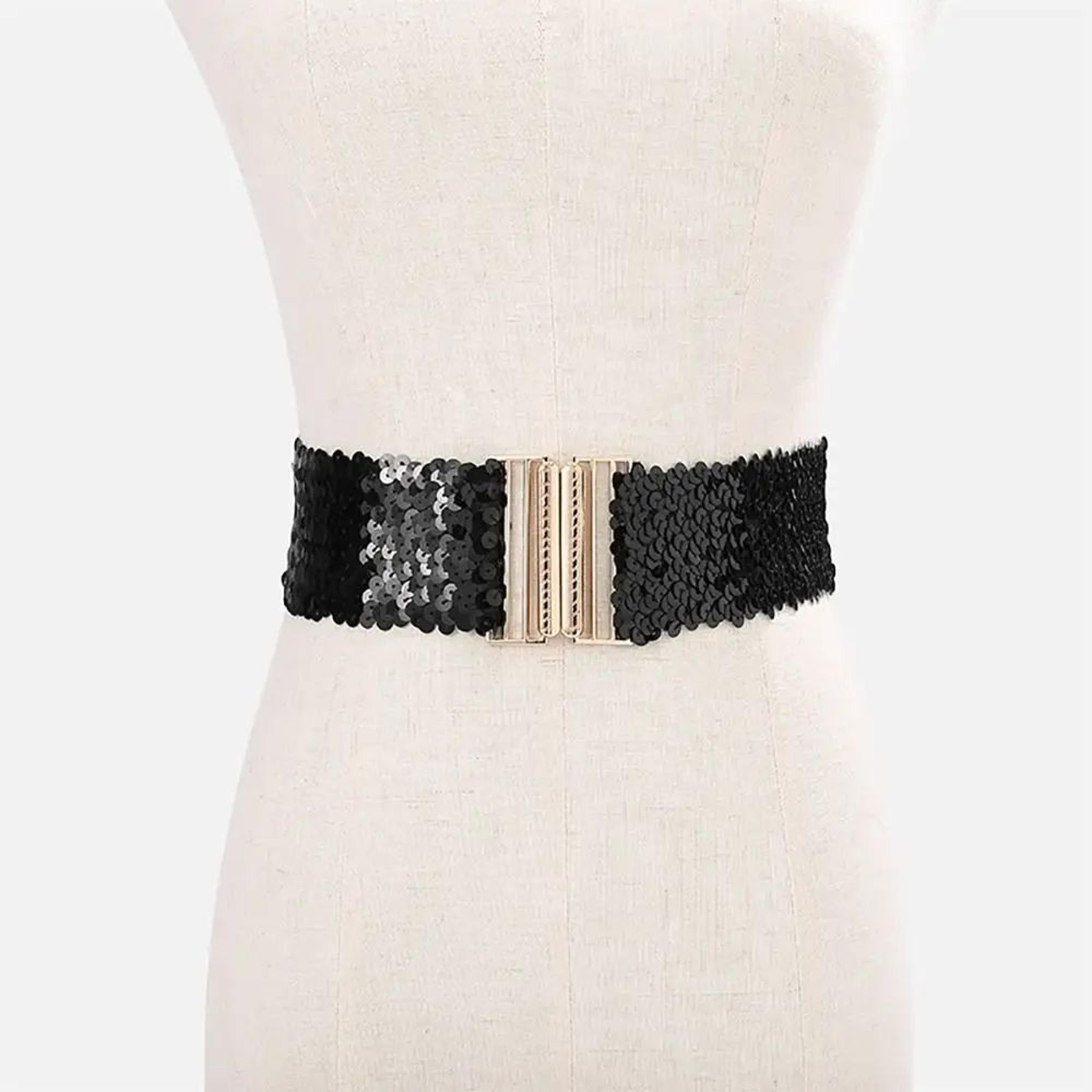 Gold Buckle Sequin Stretch Waist Belt 1