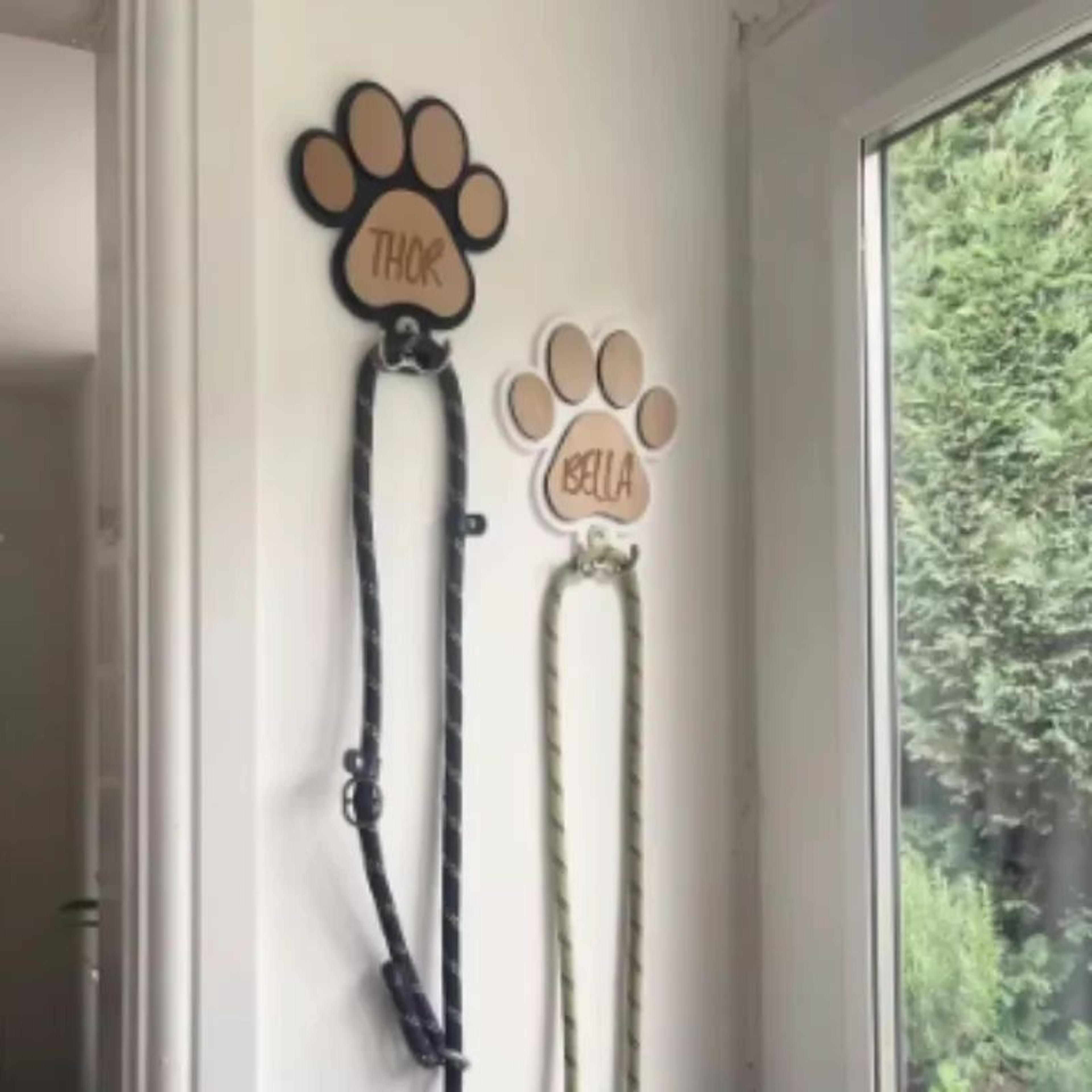 Personalized Dog Leash Holder Wooden Paw Print Wall Hook 5