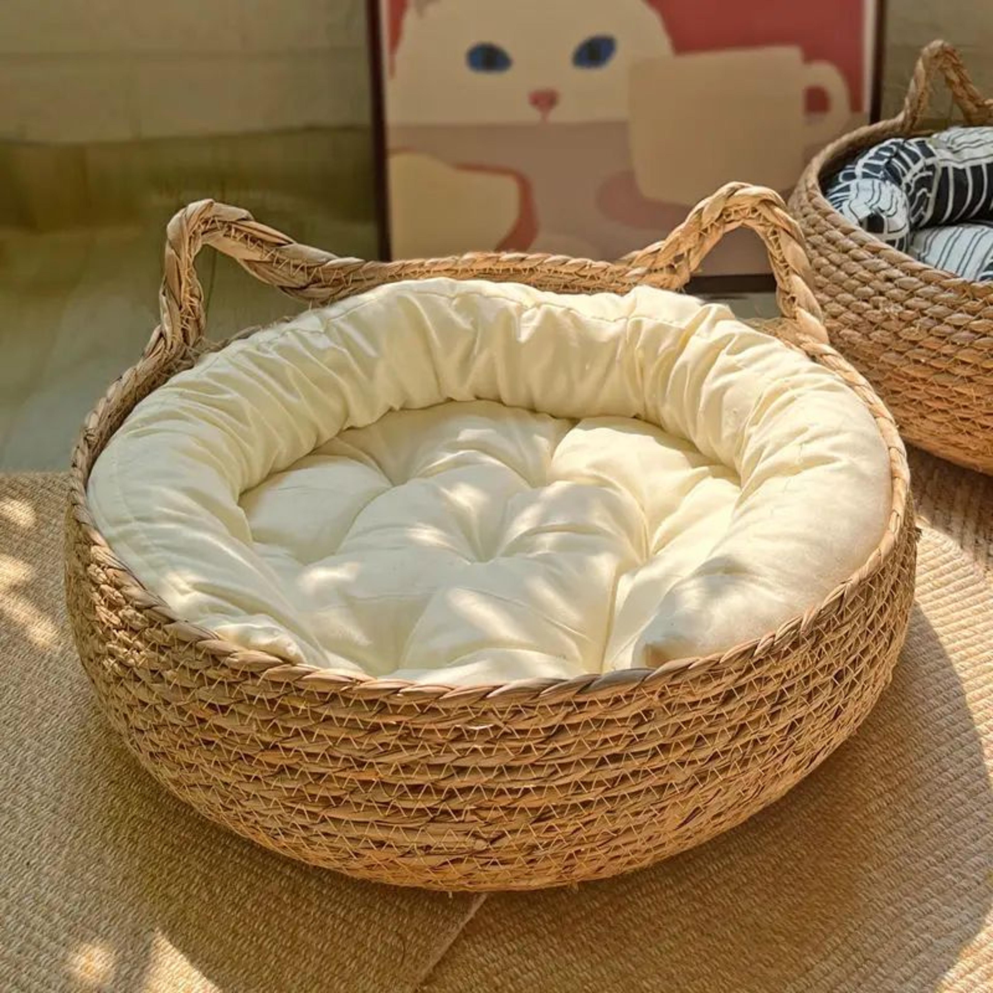 Cozy Rattan Cat Basket Bed With Plush Cushion 4