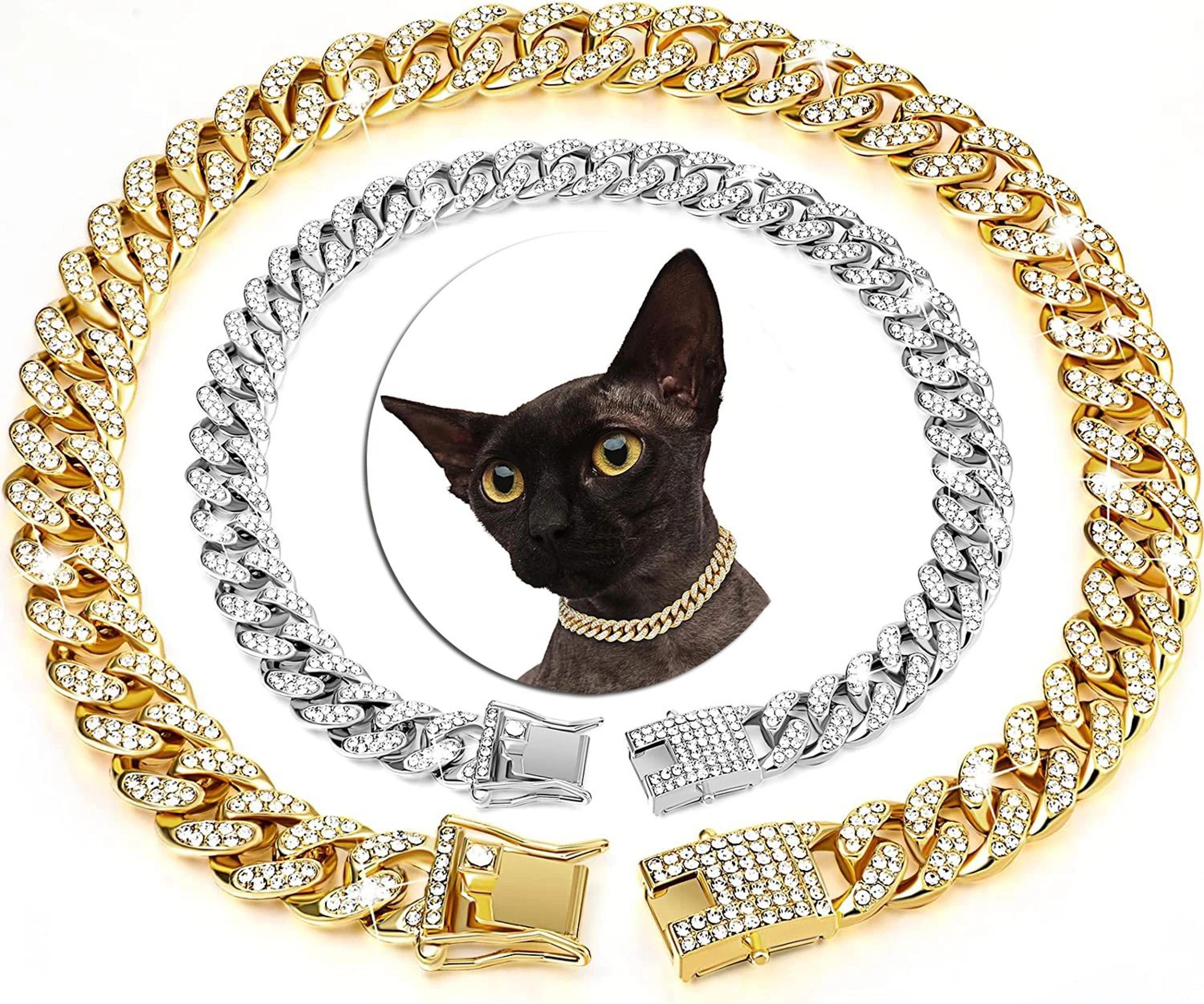 Luxury Cuban Link Cat Collar With Rhinestone Gold Chain 0