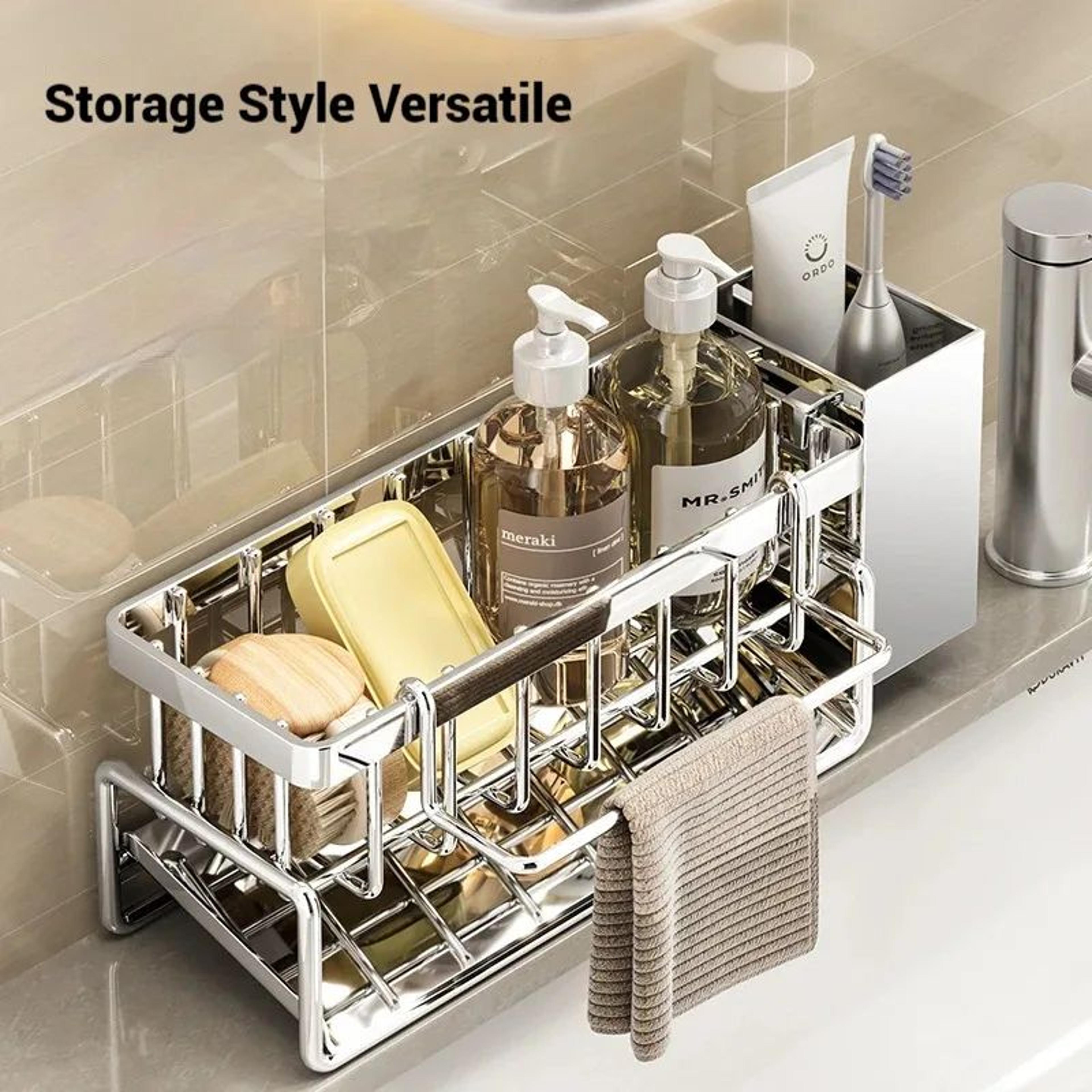 DrainFlow Stainless Steel Sink Organizer Caddy With Sponge Holder Soap Drainer  Towel Rack 5