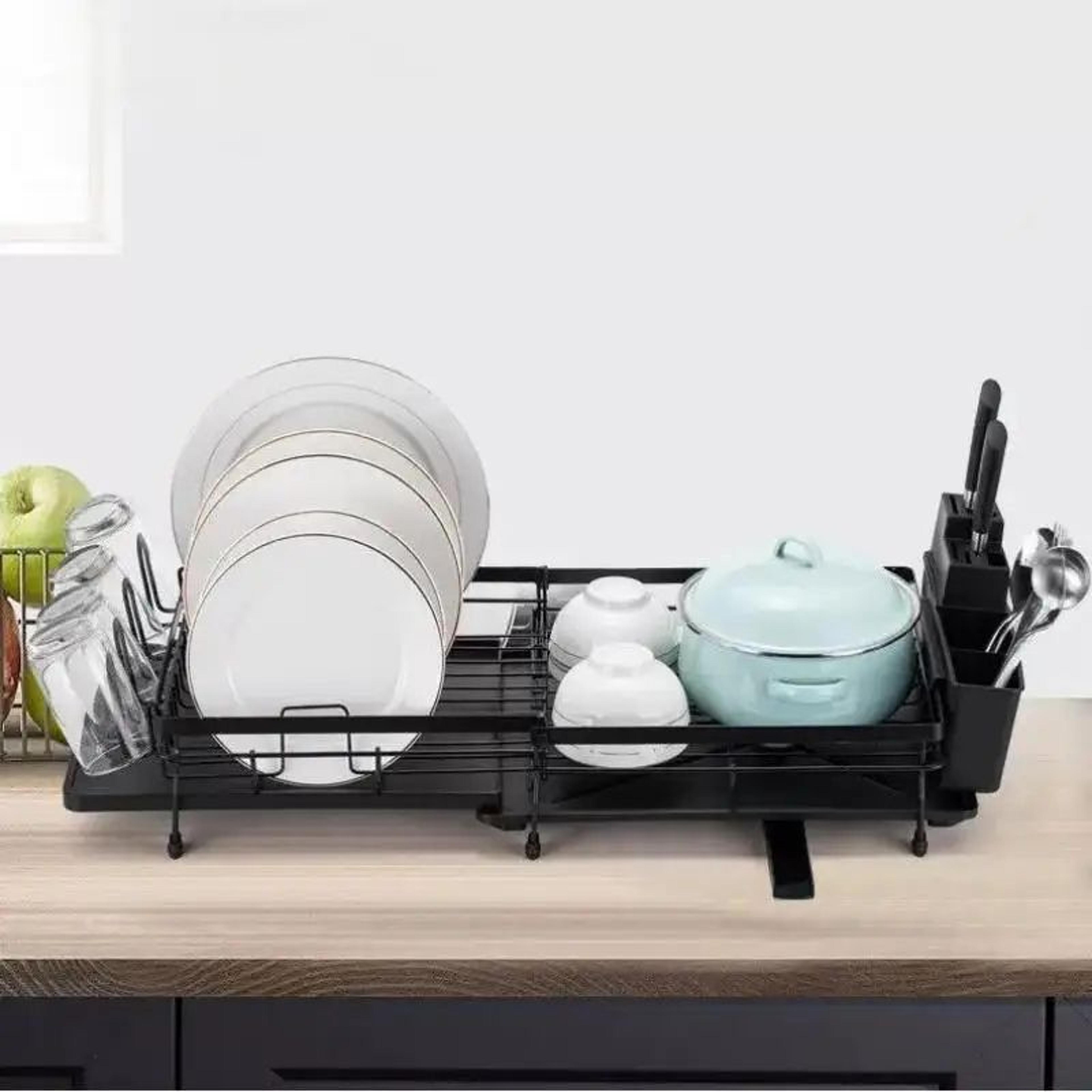 Expandable Dish Drying Rack With Swivel Drain Spout  Utensil Organizer 0