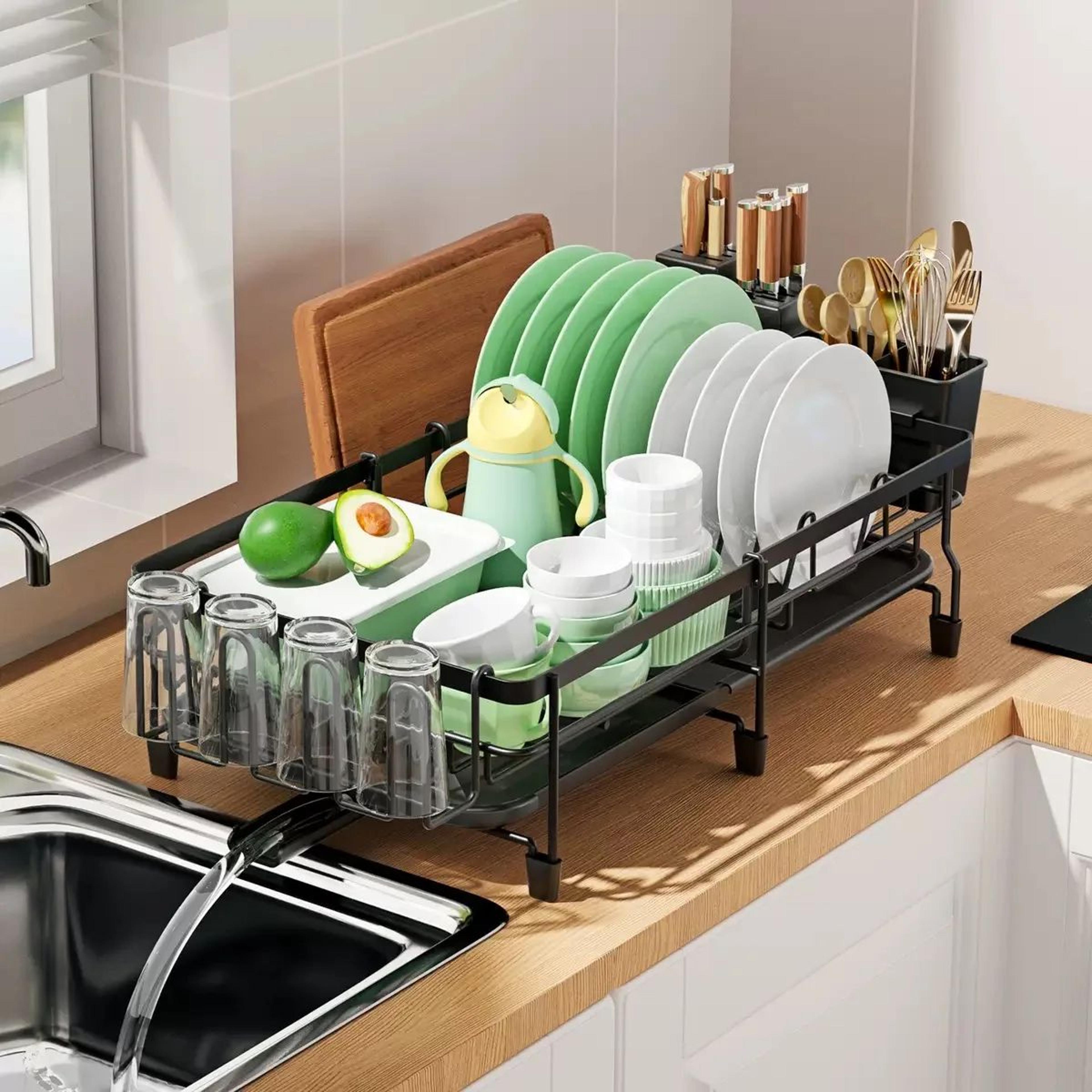 Expandable Dish Drying Rack With Swivel Drain Spout  Utensil Organizer 1