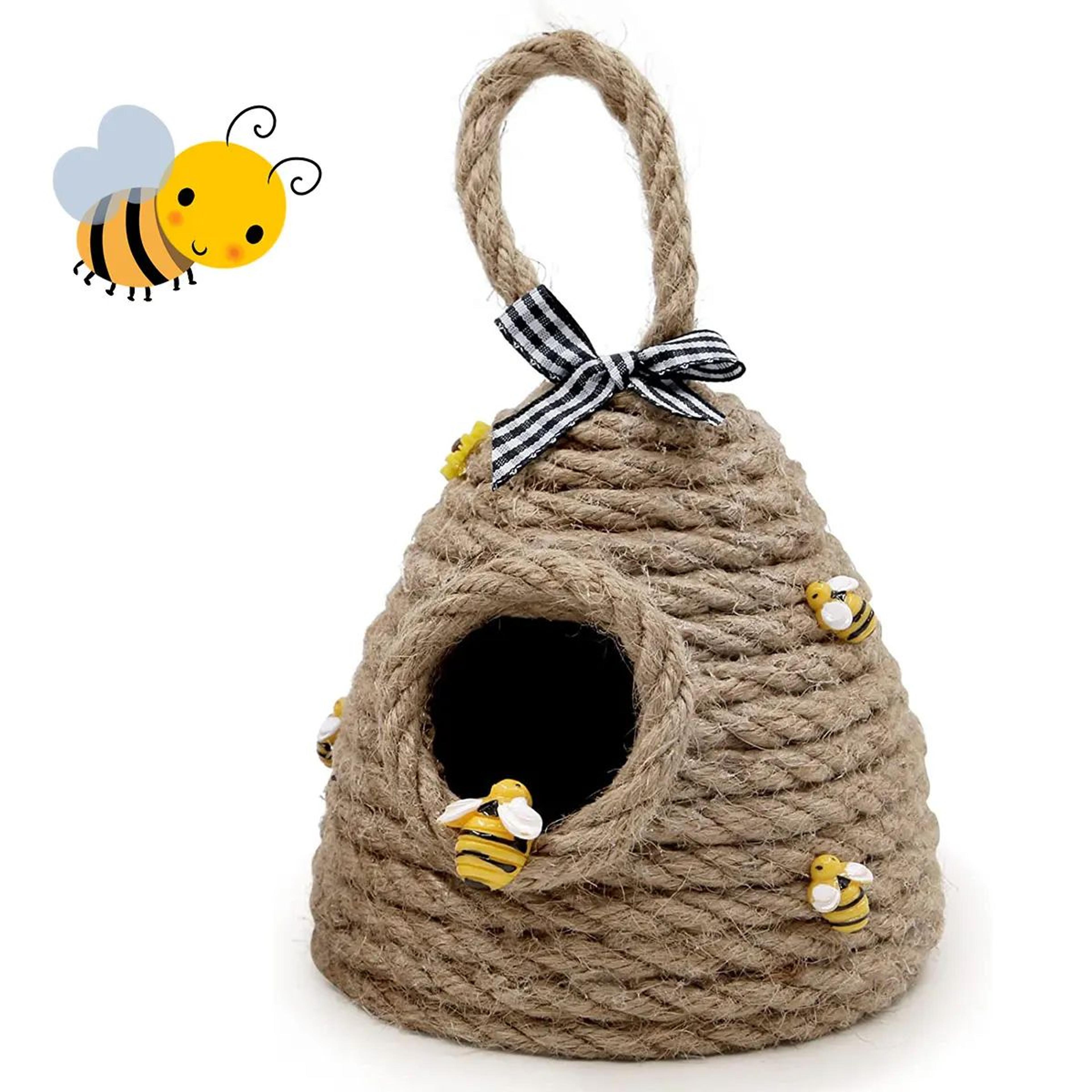 Rustic Bee Tiered Tray Decor Jute Beehive Hanging Decor Farmhouse Honeycomb Wall Ornament 0