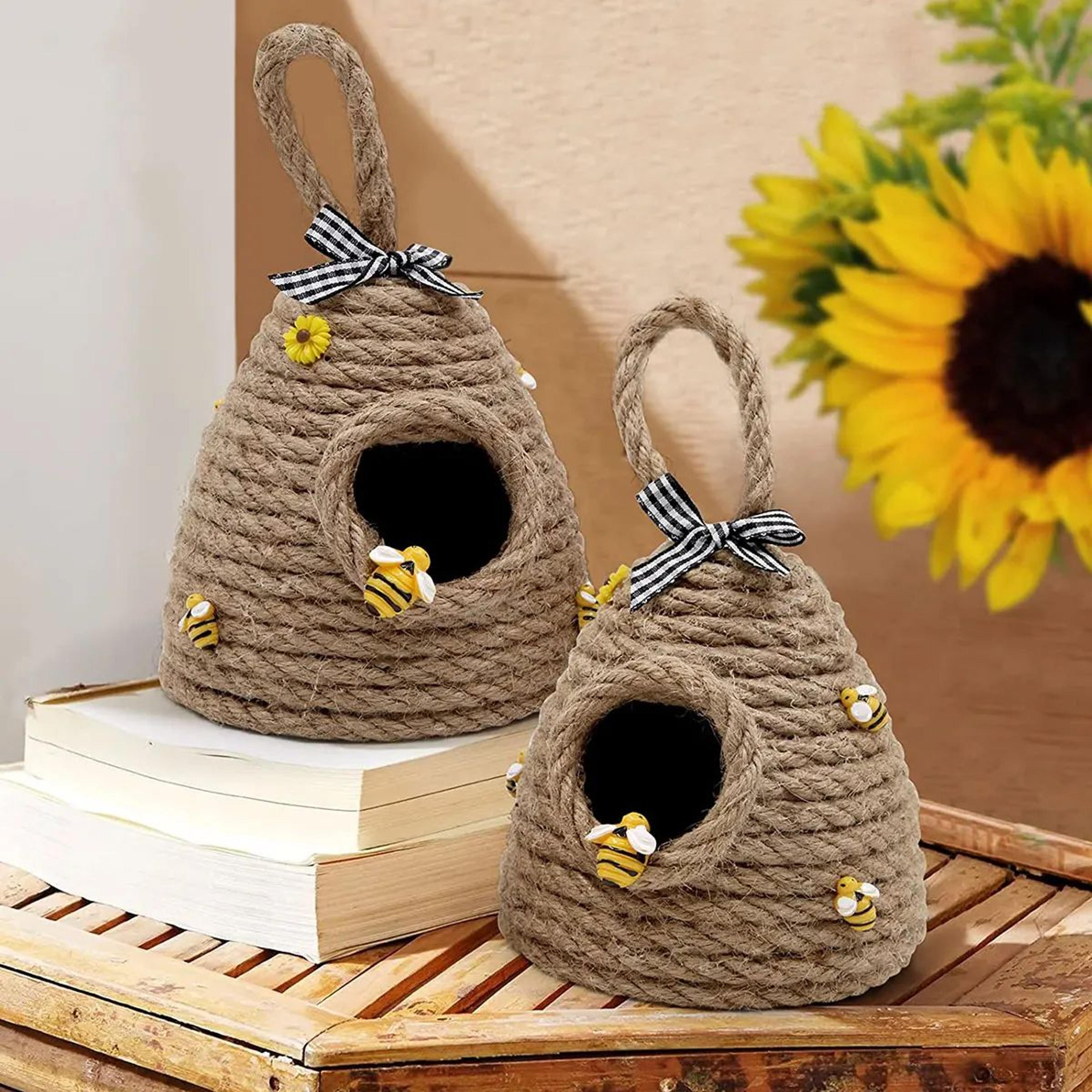 Rustic Bee Tiered Tray Decor Jute Beehive Hanging Decor Farmhouse Honeycomb Wall Ornament 3