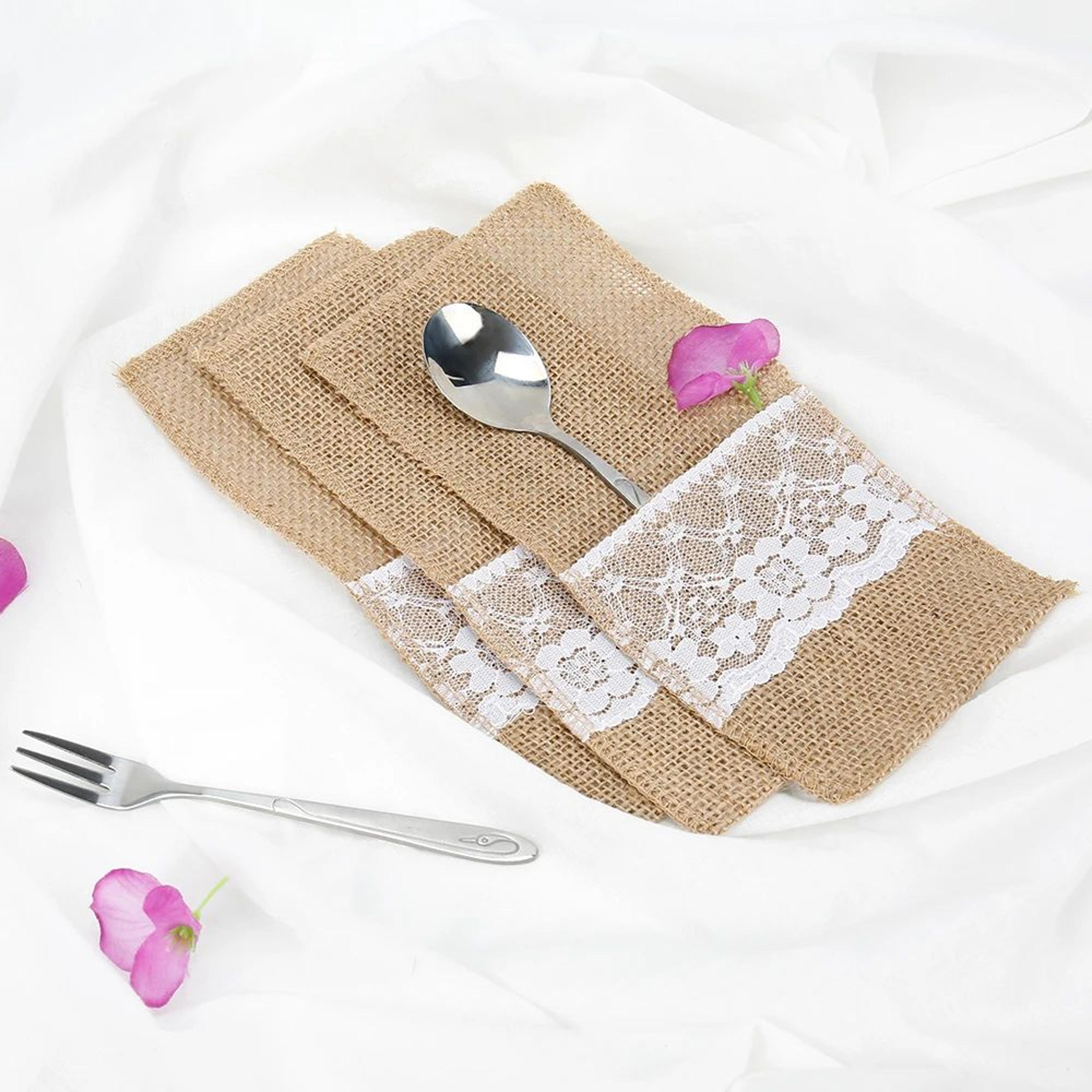 Rustic Burlap Cutlery Holders With Lace 50 Piece Set For Wedding Table Decor And Party Table Settin 3