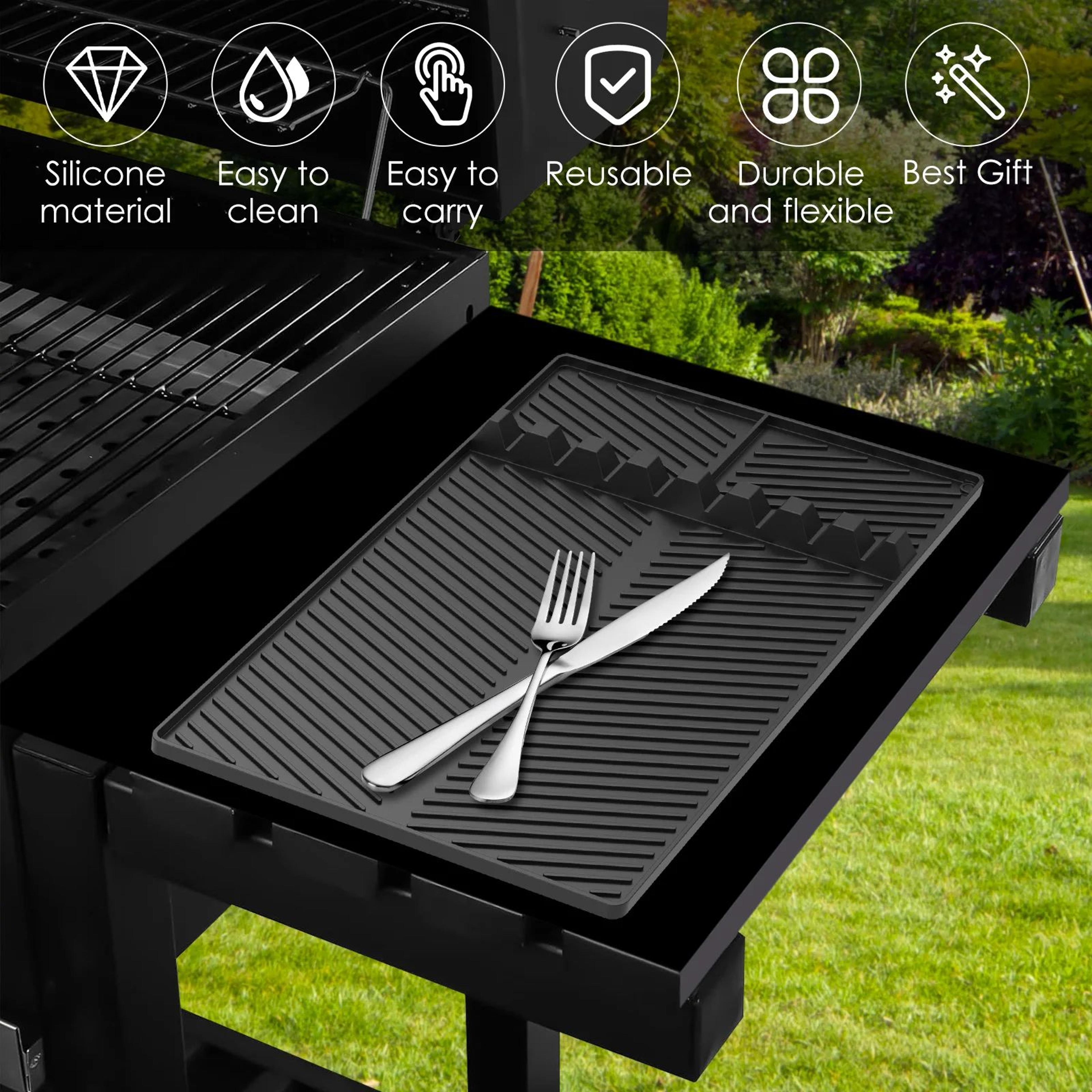 Premium Grill Side Shelf Mat Heat Resistant Silicone Griddle Tool Mat With 8 Slot BBQ Utensil Holde 1