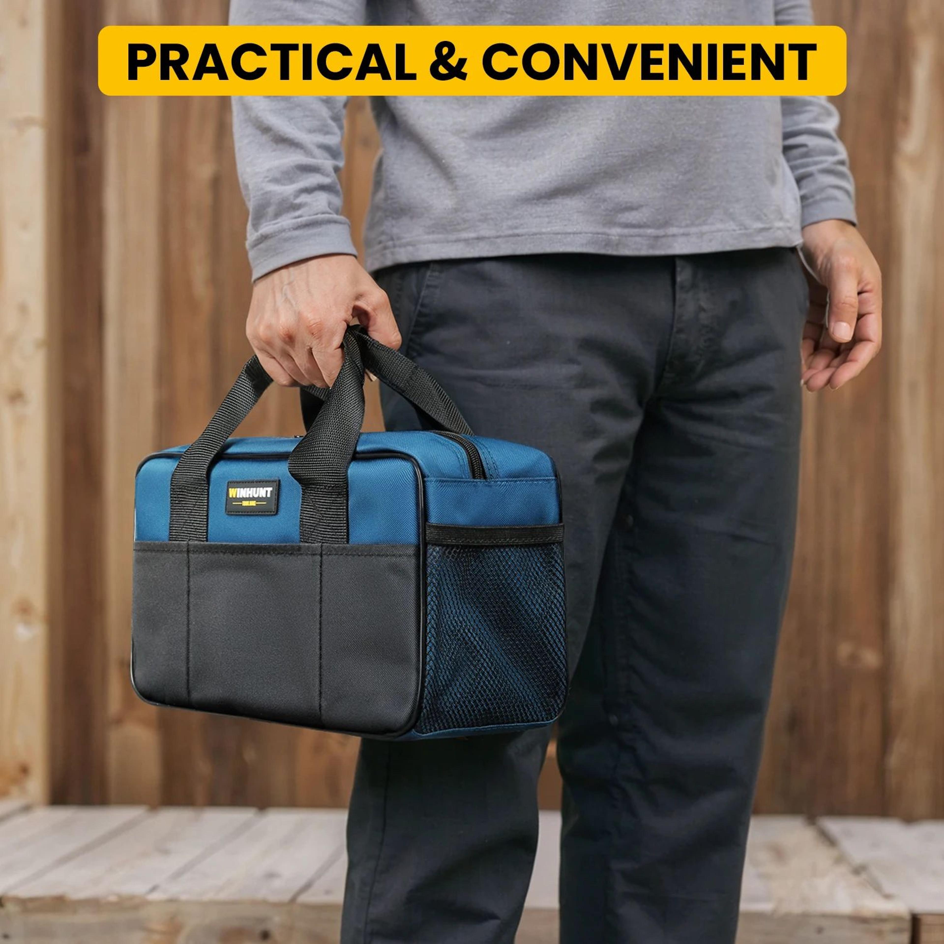 14 inch heavy duty tool bag wide mouth tool tote bag with multiple pockets for electricians mechanics and diy