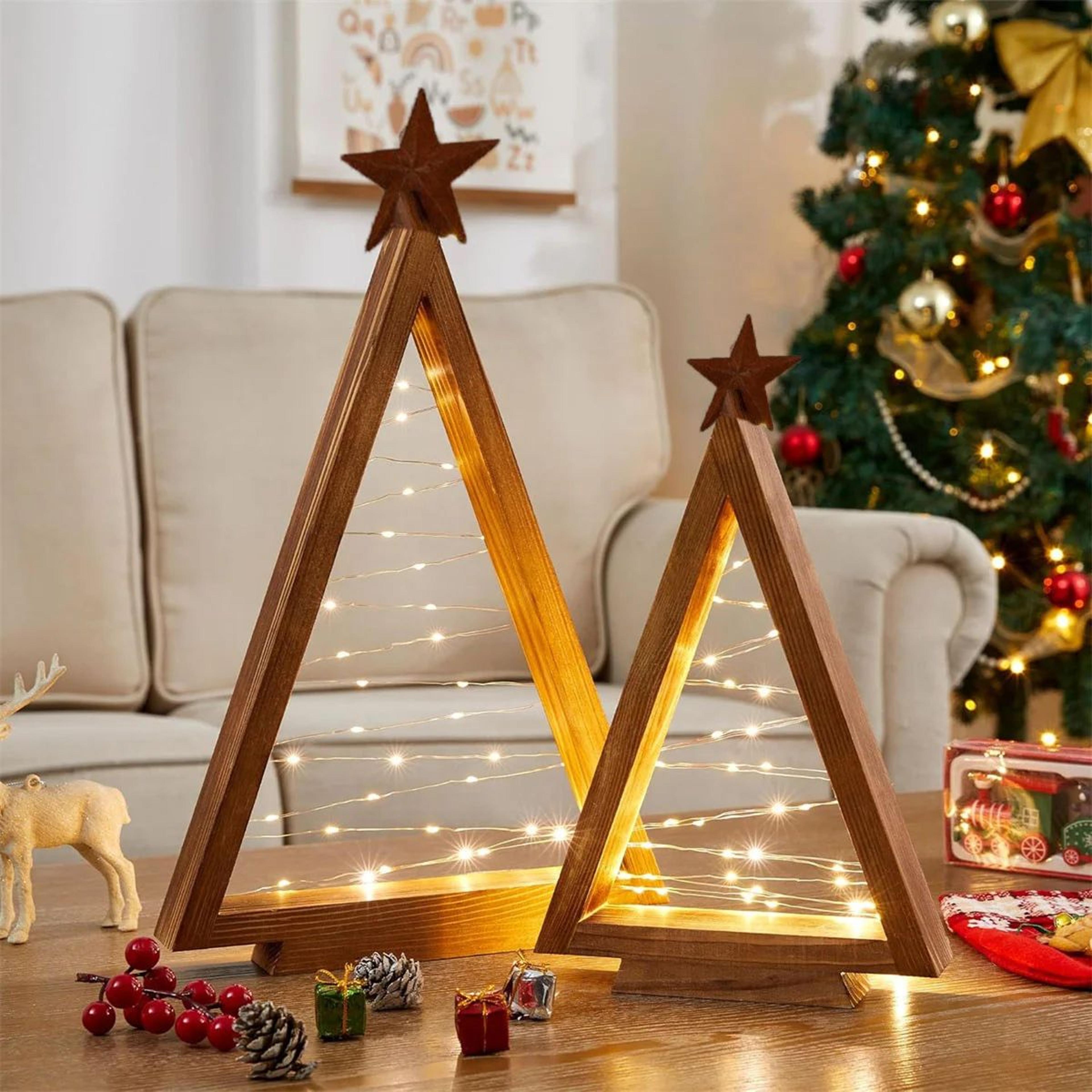 Rustic Wooden Christmas Tree Decor Set With LED Lights Farmhouse Tabletop Holiday Decoration 0