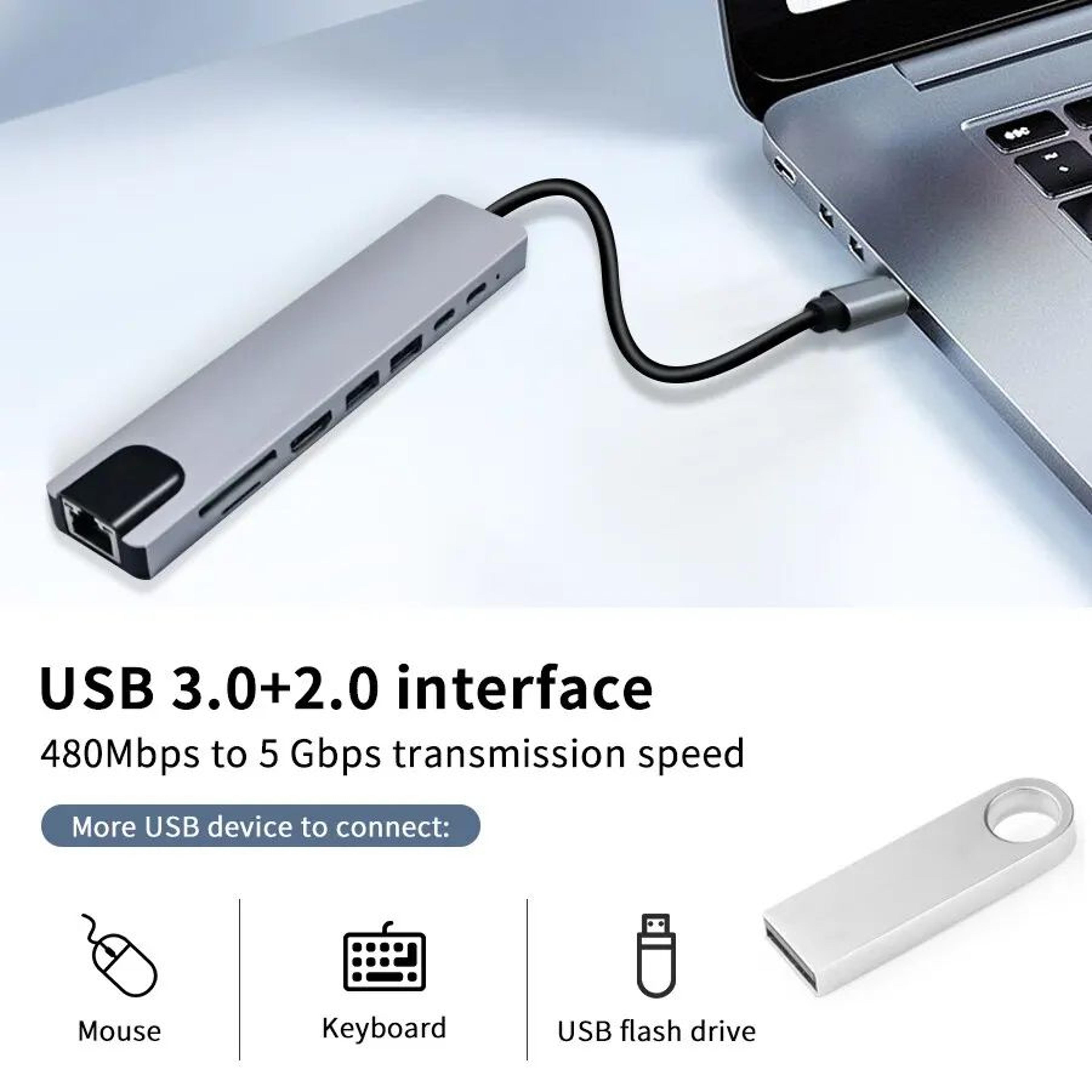 8 In 1 USB C Hub Multiport Adapter With 4K HDMI RJ45 Ethernet PD Charging And SD TF Card Reader 4