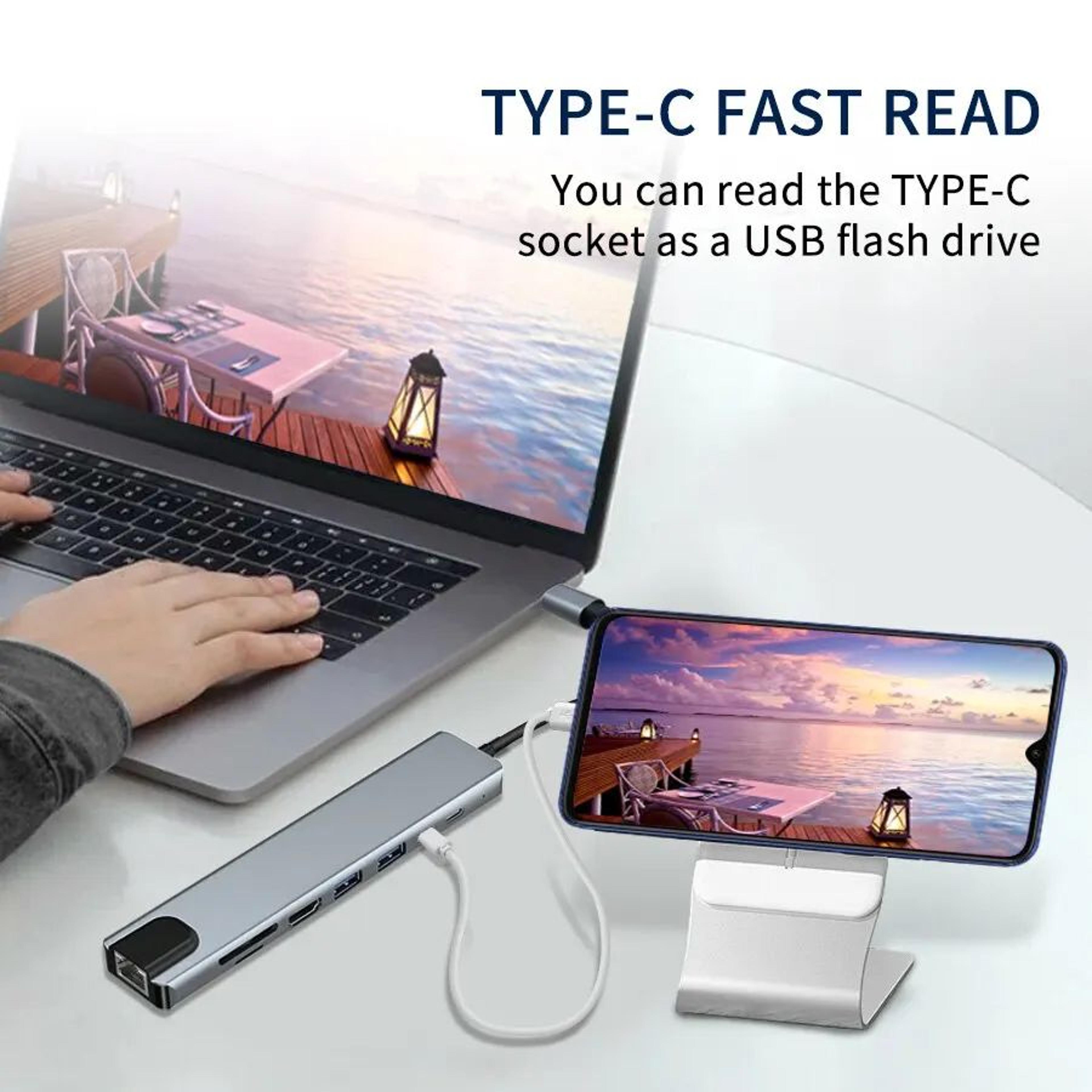 8 In 1 USB C Hub Multiport Adapter With 4K HDMI RJ45 Ethernet PD Charging And SD TF Card Reader 5