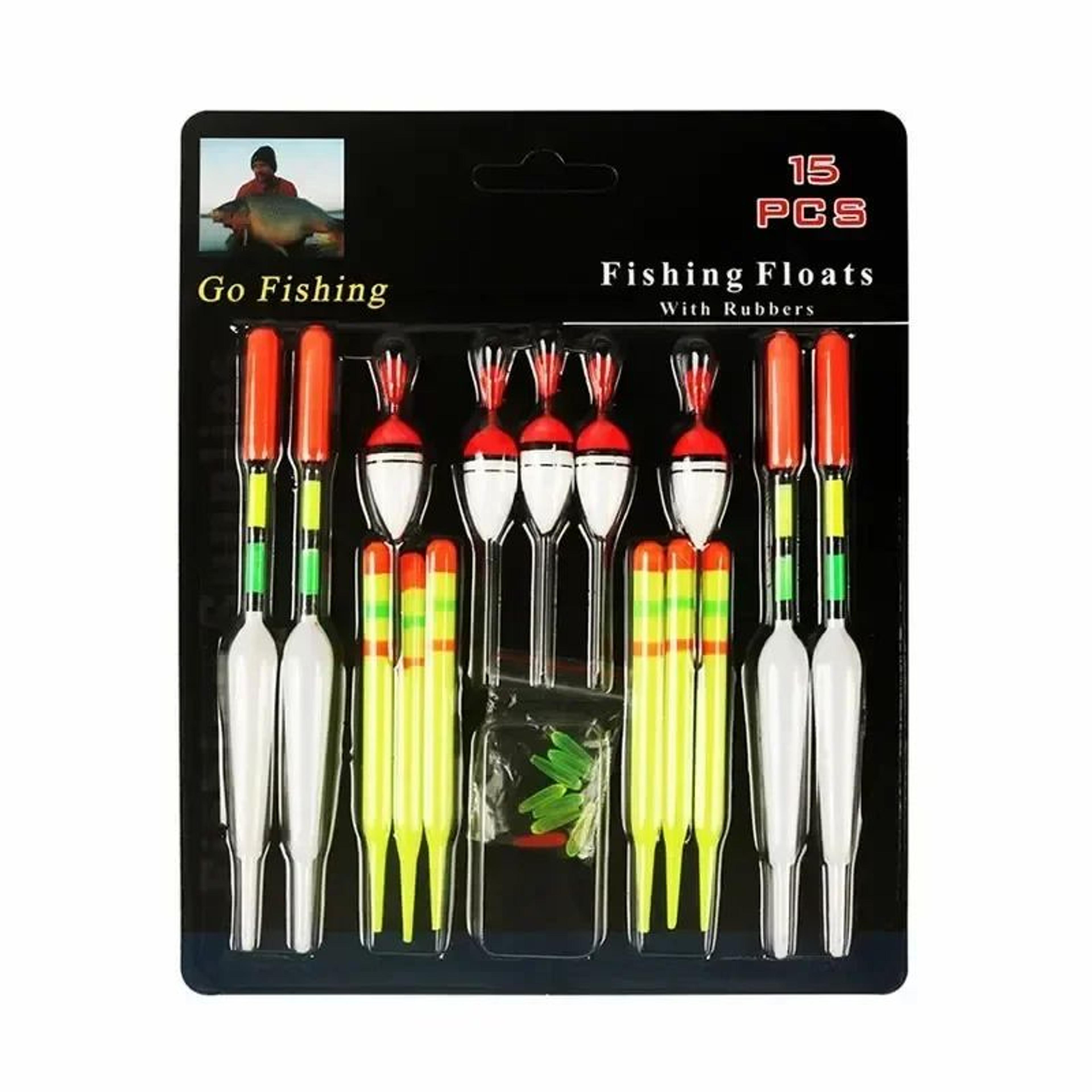 15 piece fishing floats set with fishing bobbers and rubber tubes for freshwater and saltwater angling