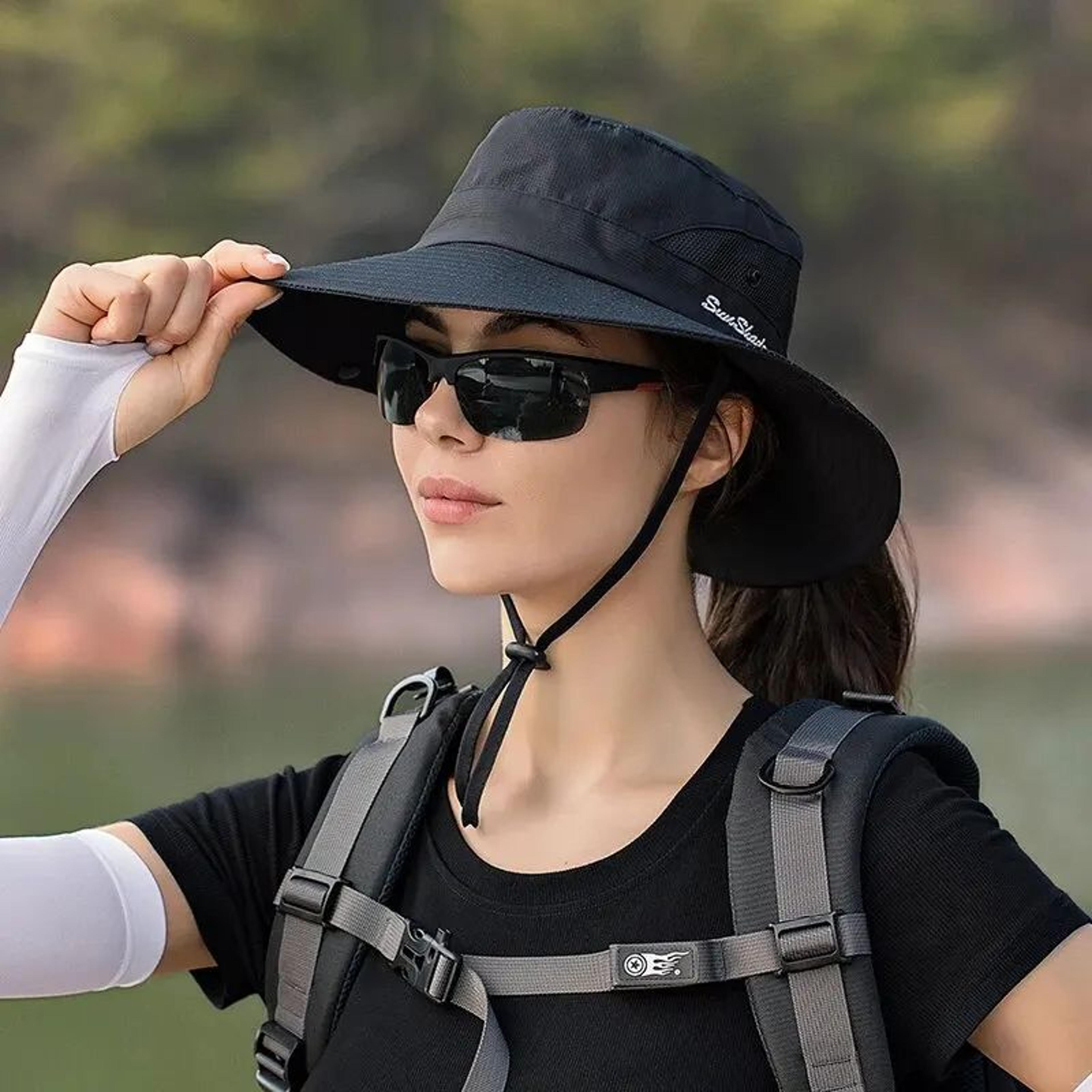 Womens Wide Brim Sun Hat With Ponytail Hole Foldable UV Protection Hat For Hiking Beach Gardening 5