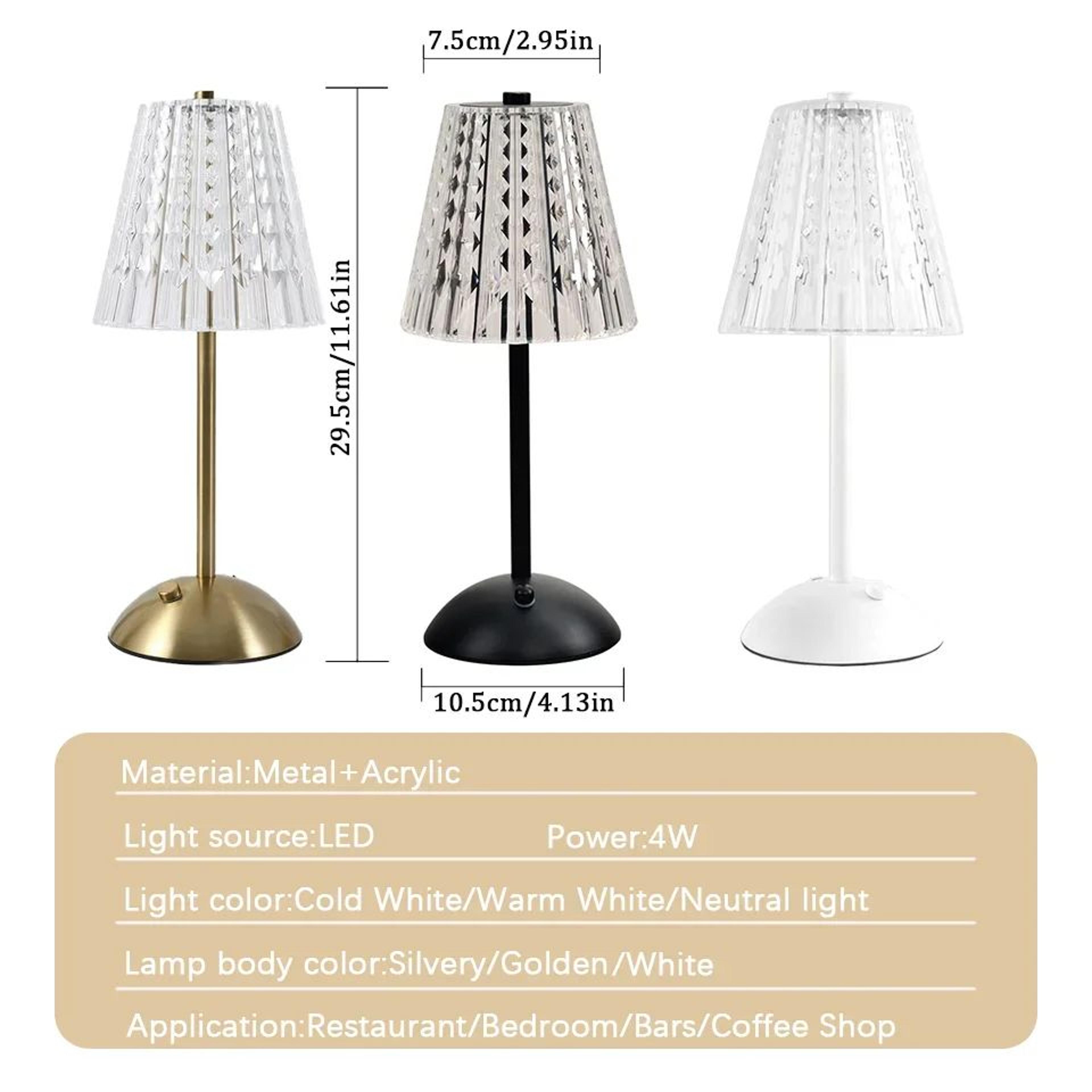 LuxeGlow Crystal LED Rechargeable Table Lamp With Touch Control 3 Light Colors  4W LED 4