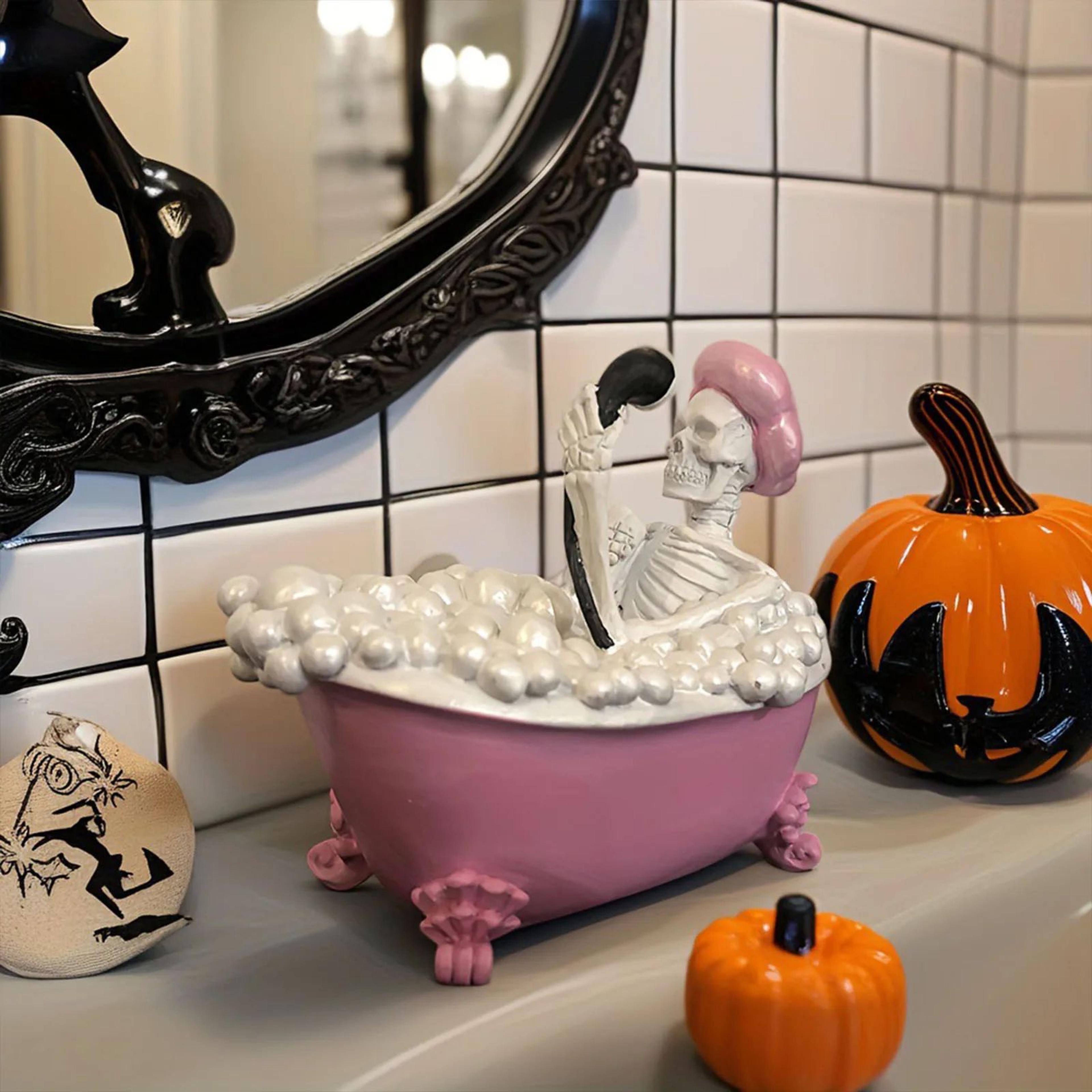 pink skeleton bathtub figurine for halloween bathroom decor & gothic home display