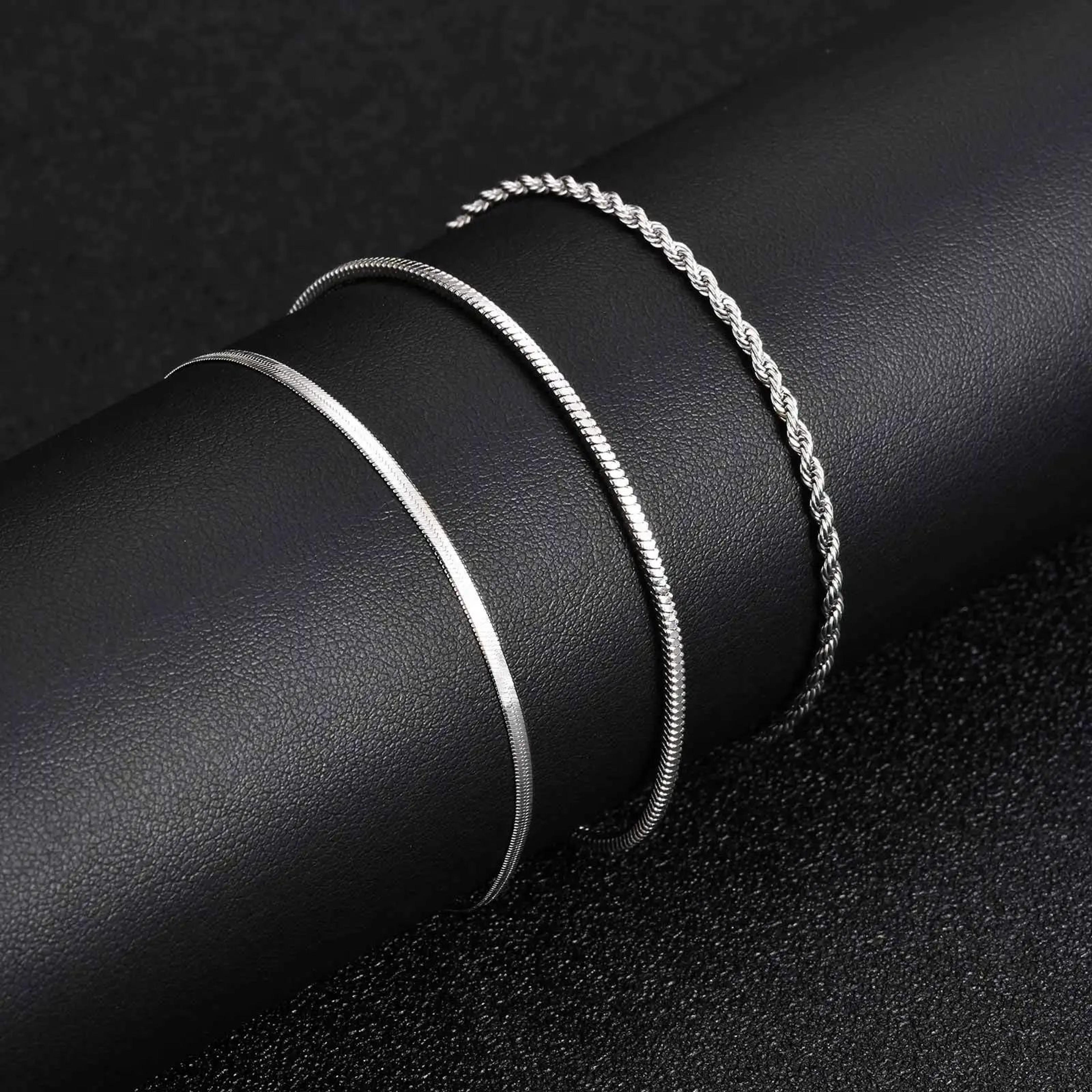 3PCS Mens Silver Twist Chain Bracelet Set  Thin Punk Layering Wristbands 5