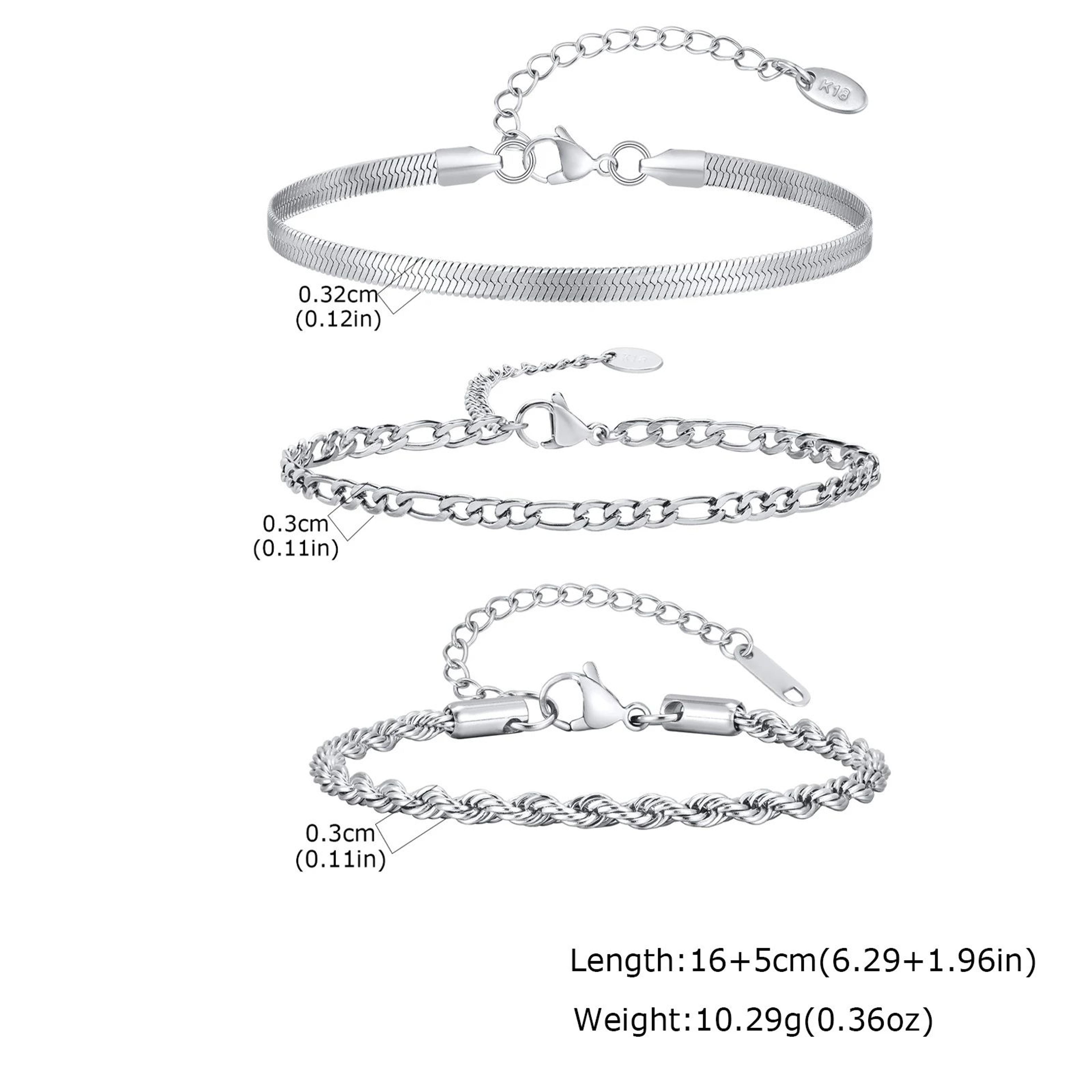 3PCS Mens Silver Twist Chain Bracelet Set  Thin Punk Layering Wristbands 7