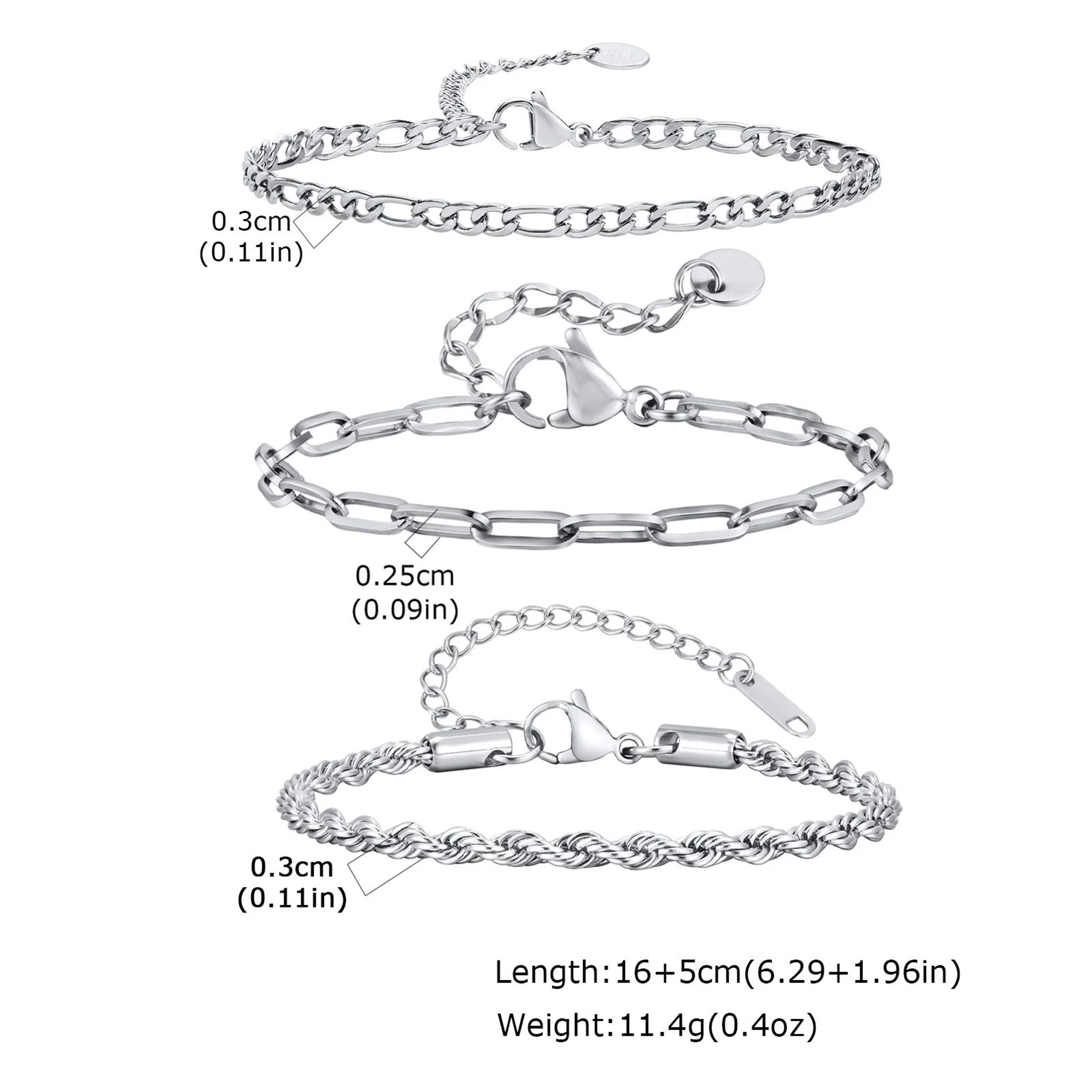 3PCS Mens Silver Twist Chain Bracelet Set  Thin Punk Layering Wristbands 12