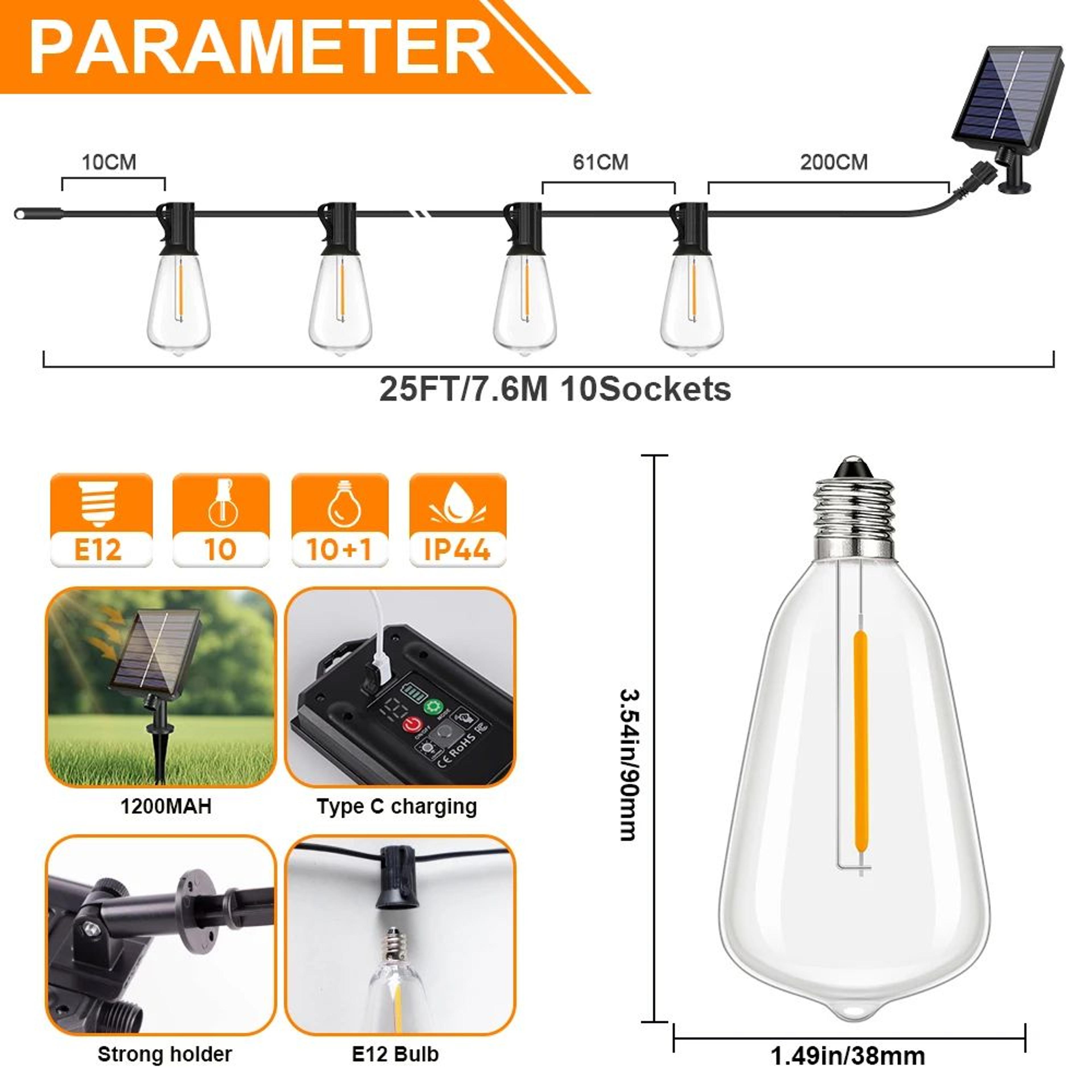 ST38 Solar String Lights With Remote Dimmable Shatterproof Outdoor Patio Lights 6