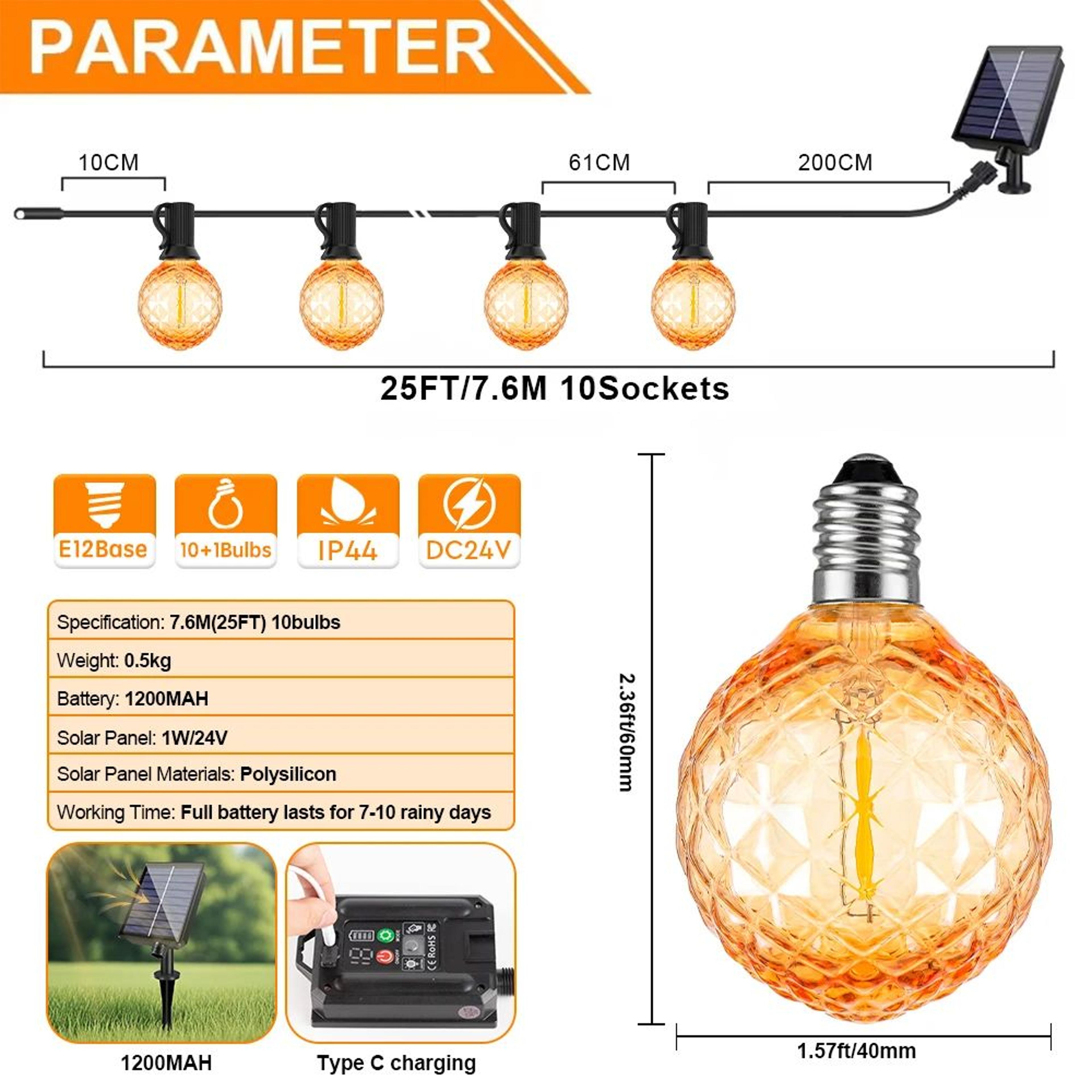 Diamond Amber Solar String Lights 24V Waterproof Outdoor Garland 1