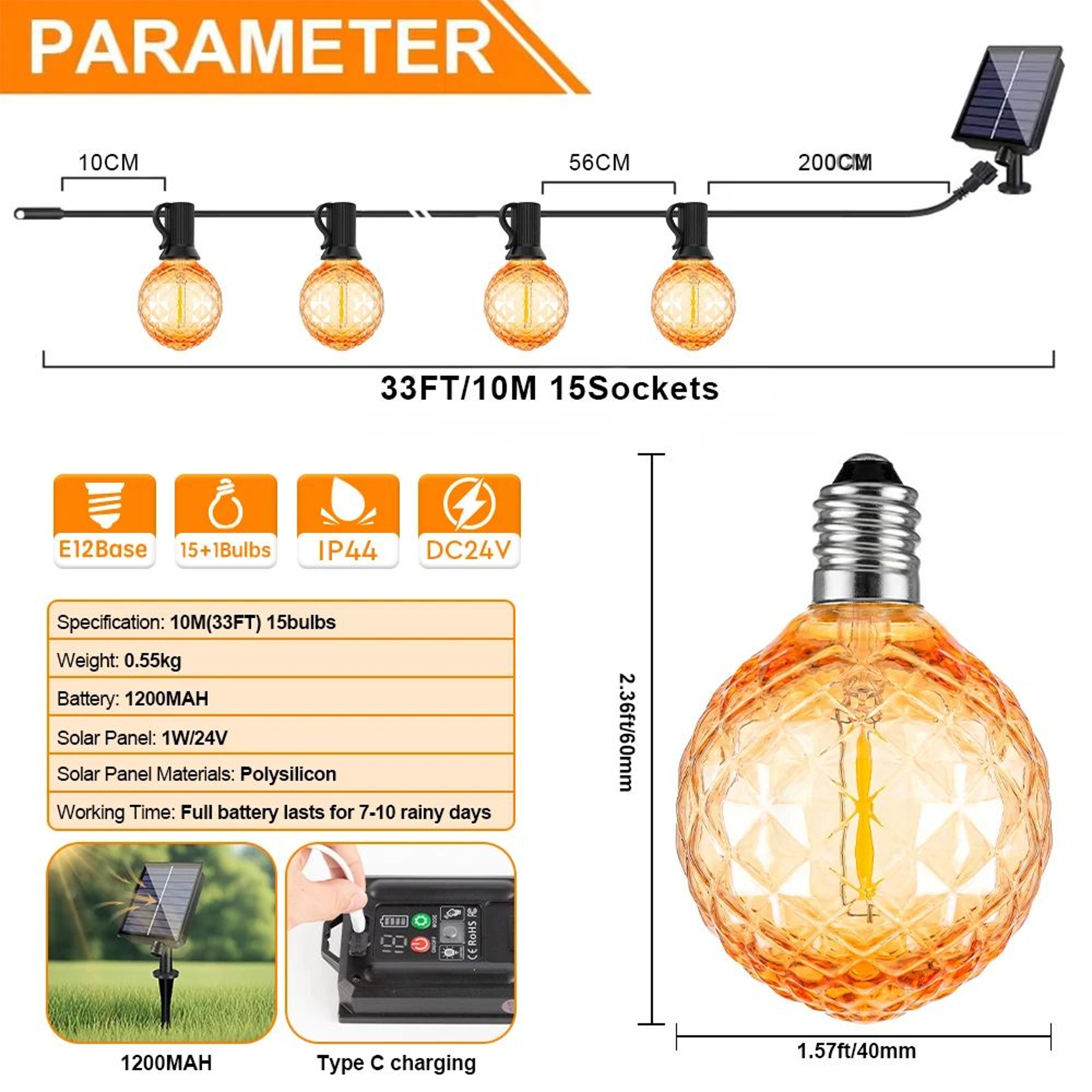 Diamond Amber Solar String Lights 24V Waterproof Outdoor Garland 10