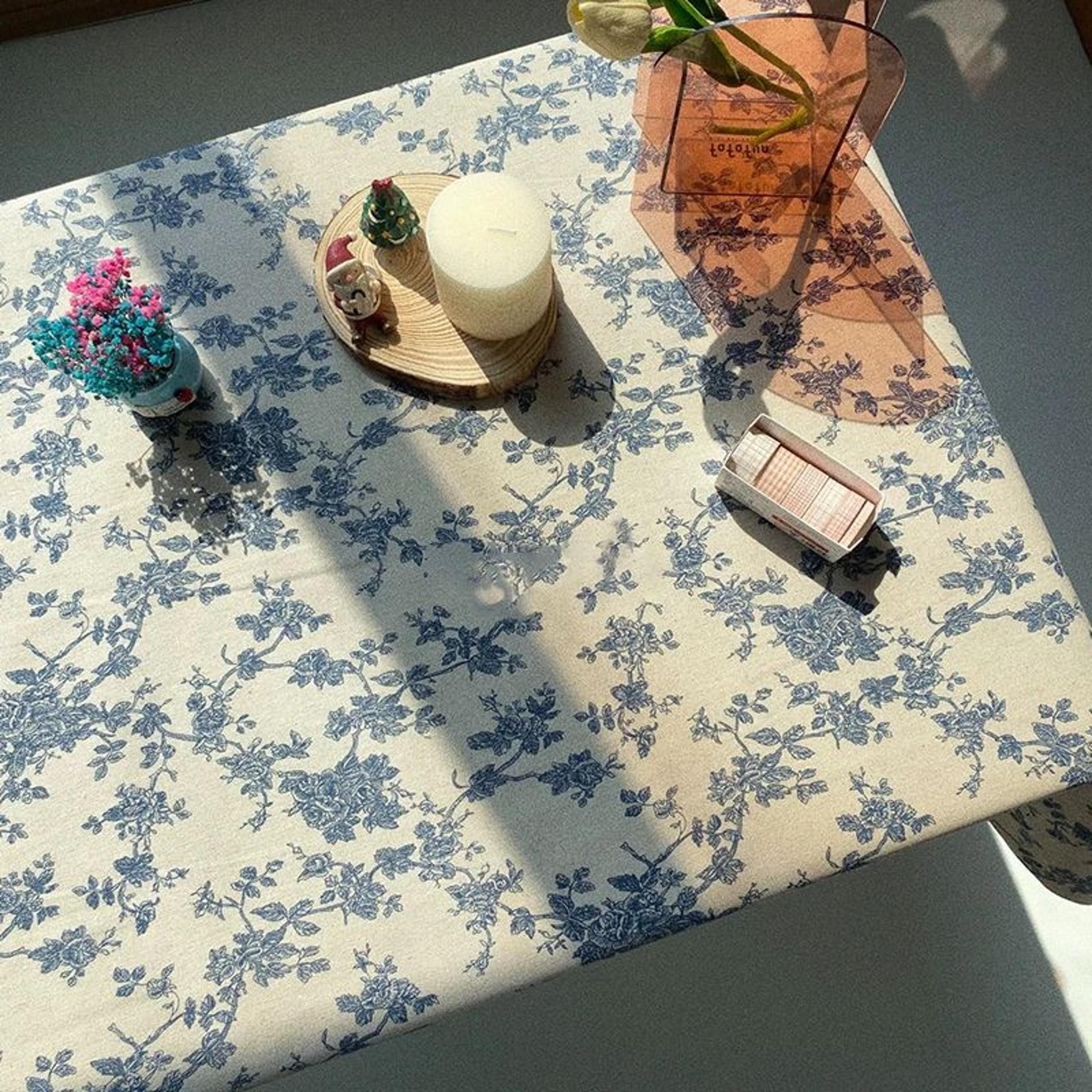 Vintage Blue Pattern Cotton Linen Rectangle Tablecloth Washable Dining Table Cover 4