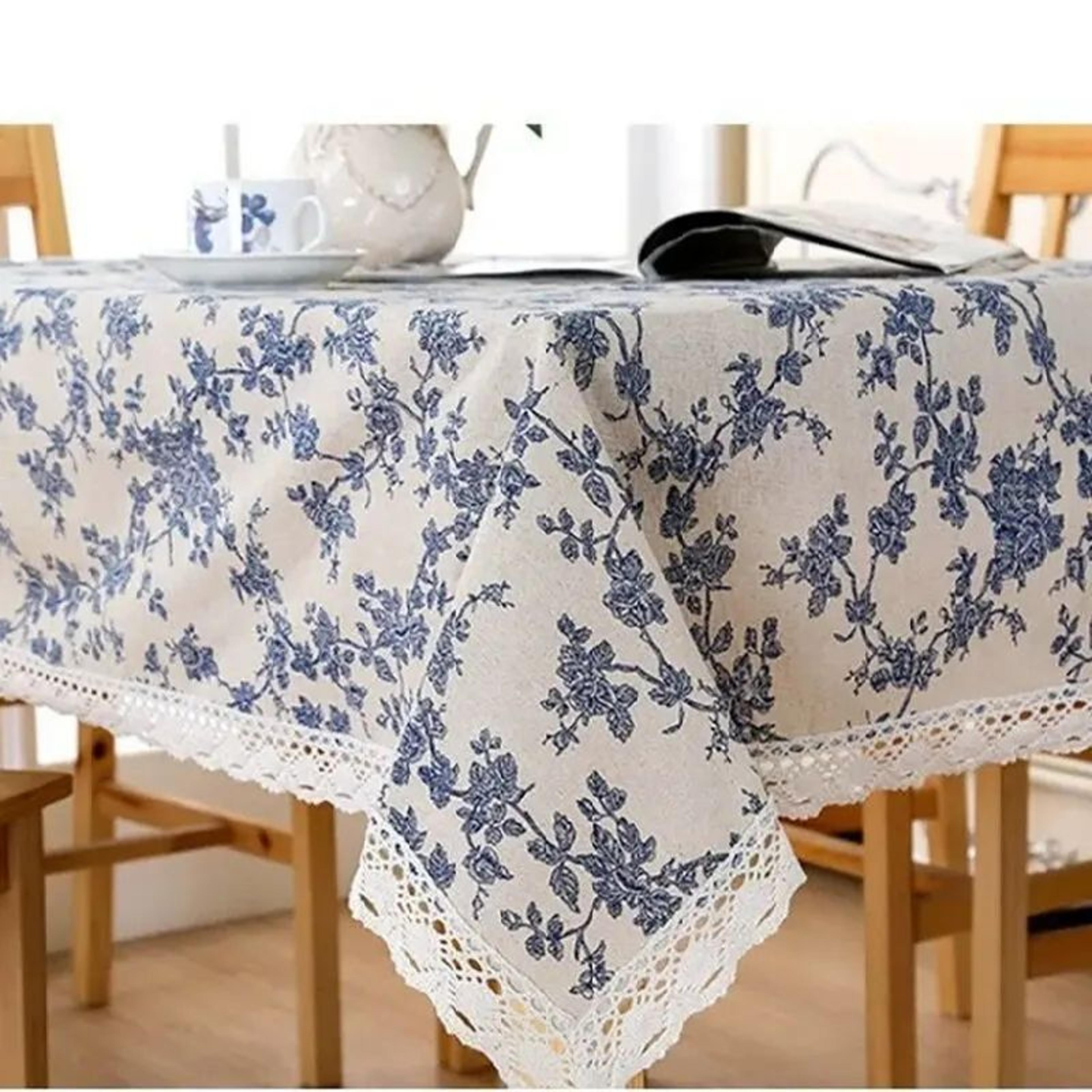 Vintage Blue Pattern Cotton Linen Rectangle Tablecloth Washable Dining Table Cover 3
